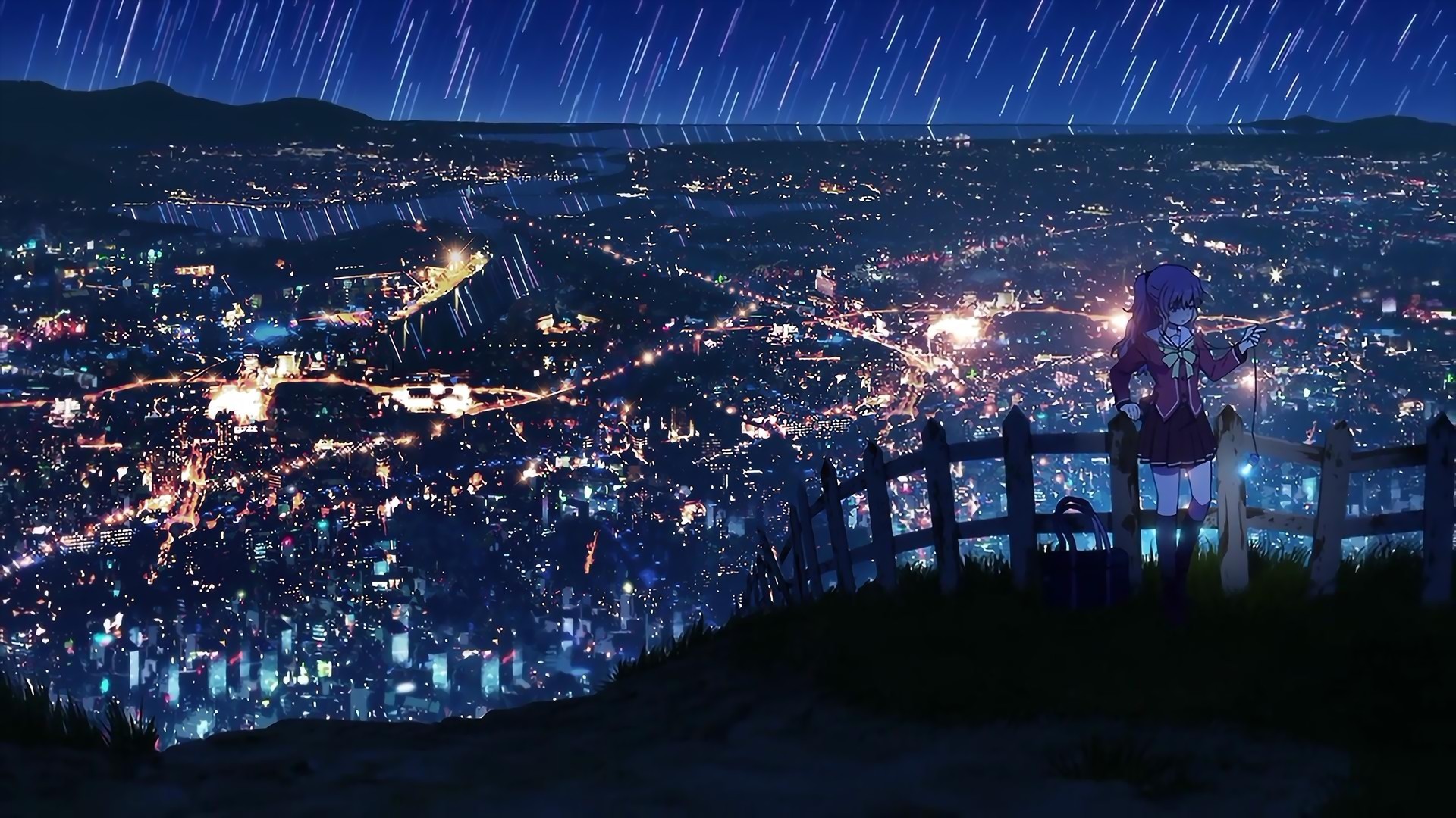 Città, Stelle cadenti, Anime, Panorama notturno, 1920x1080, sfondo per PC