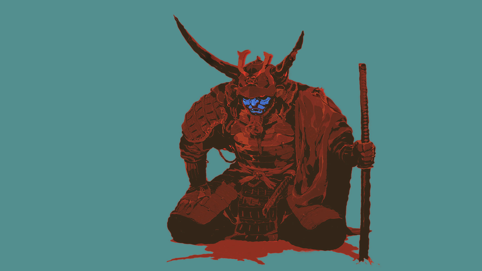 Guerriero samurai, Illustrazione, Rosso, Verde acqua, Full HD, sfondo per PC e portatile