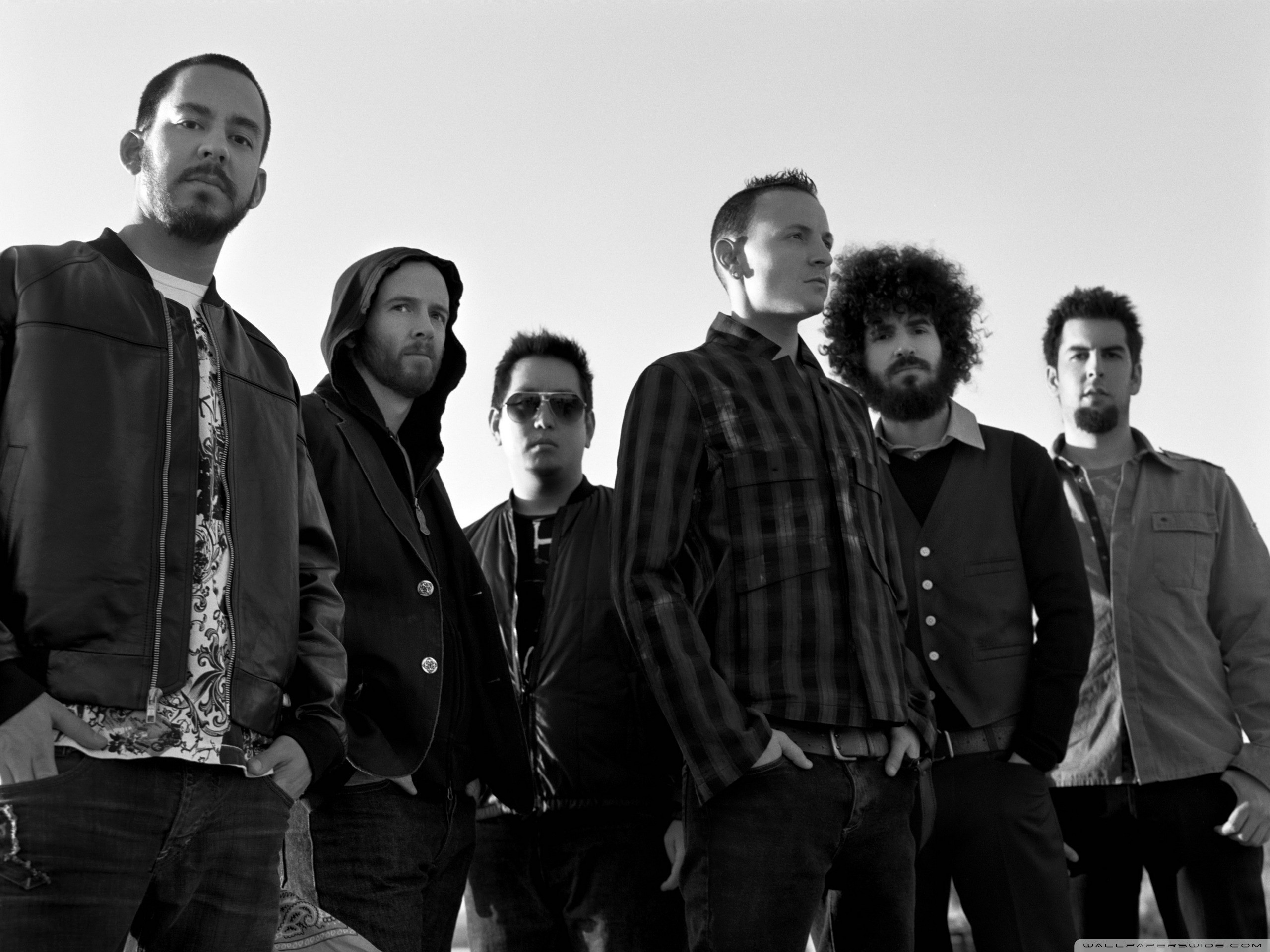 Linkin Park, Chester Bennington, Mike Shinoda, Foto di gruppo, Bianco e nero, sfondo per tablet