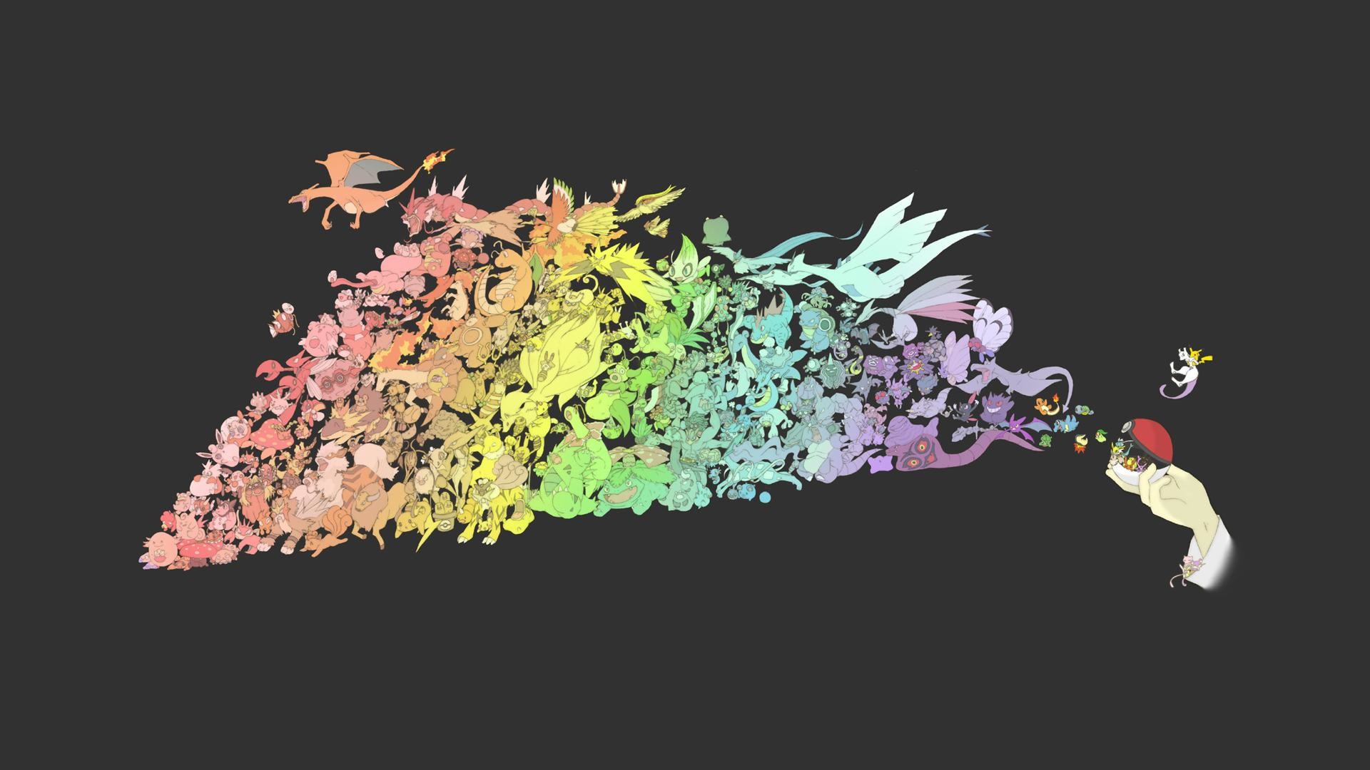 Pokémon, Arcobaleno, Allenatore, Sfondo grigio, Folla, Full HD, wallpaper desktop