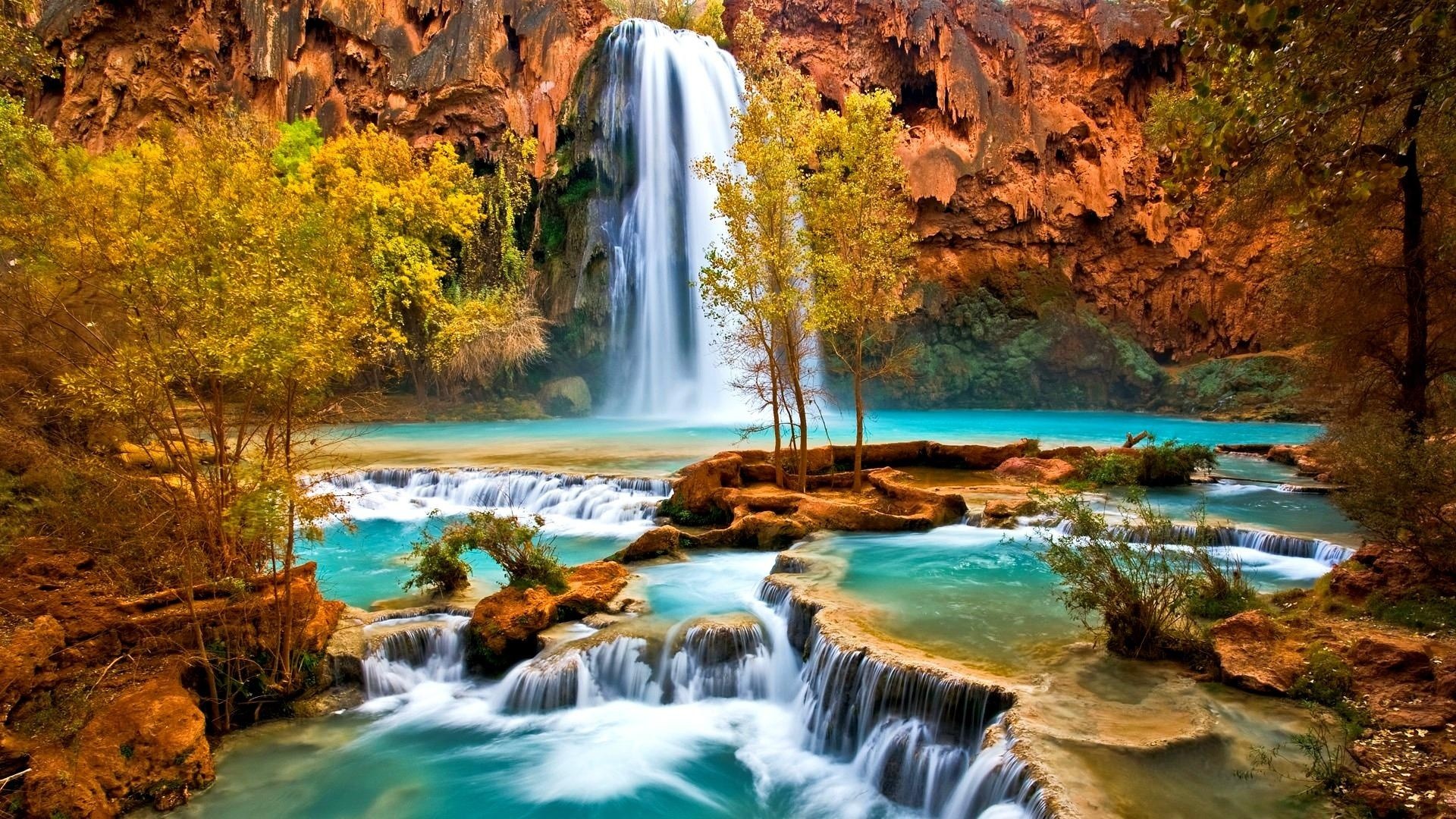 Havasu Falls, Arizona, Cascata, Acqua turchese, Full HD, sfondo per portatile