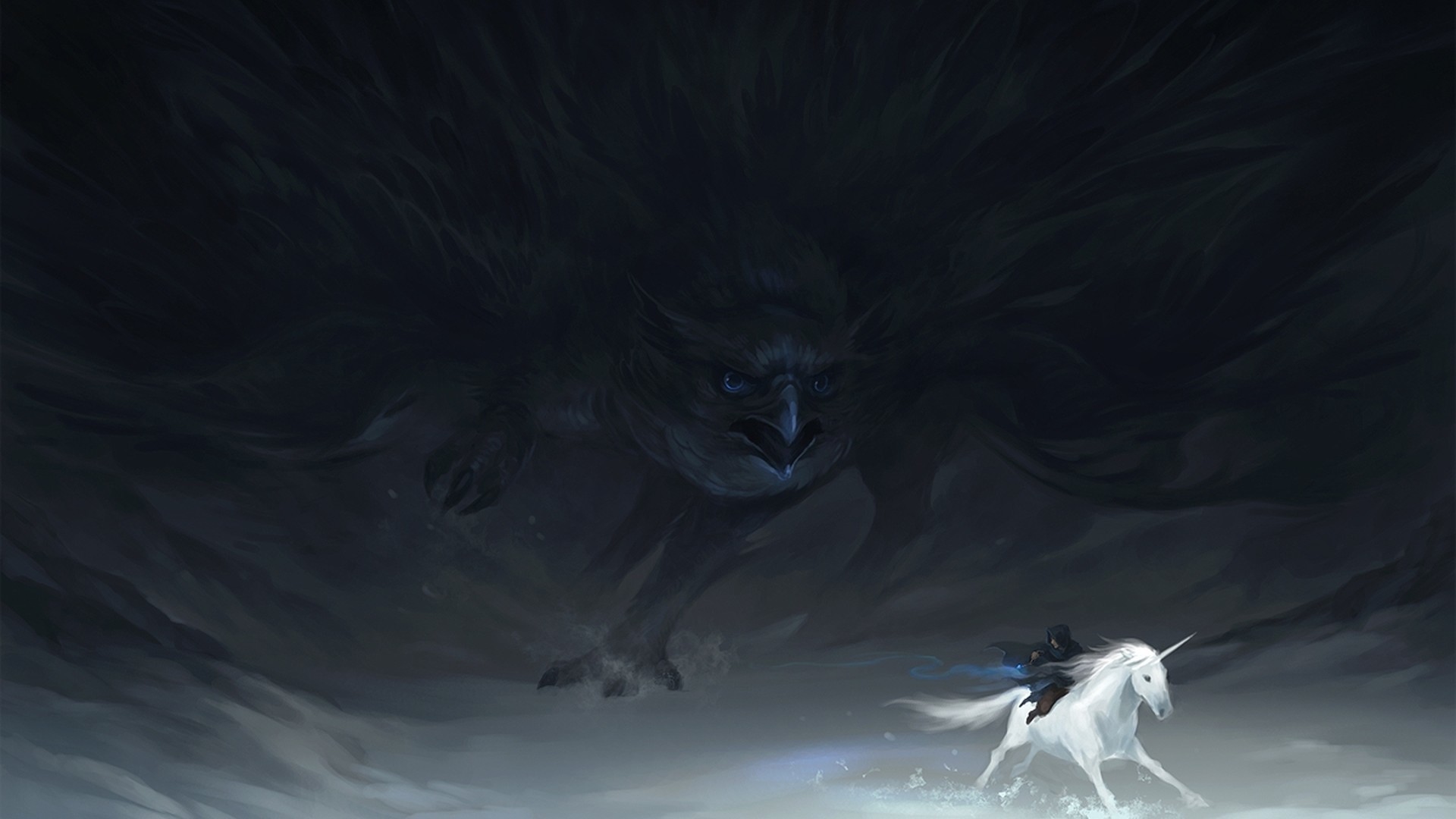 Unicorno, Drago, Fantasy, Nebbia, 1920x1080, immagine di sfondo