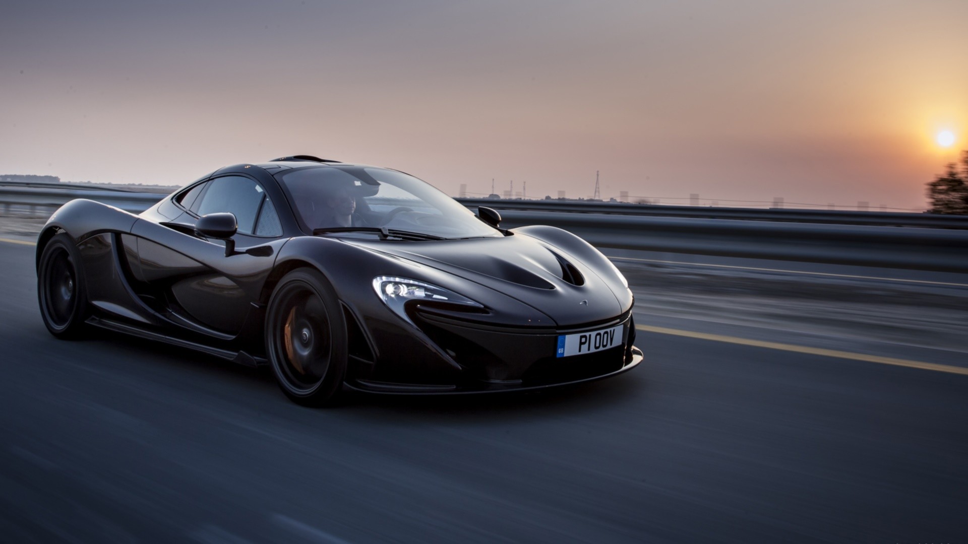McLaren P1, Nero, Strada, Tramonto, Full HD 1080p, sfondo desktop
