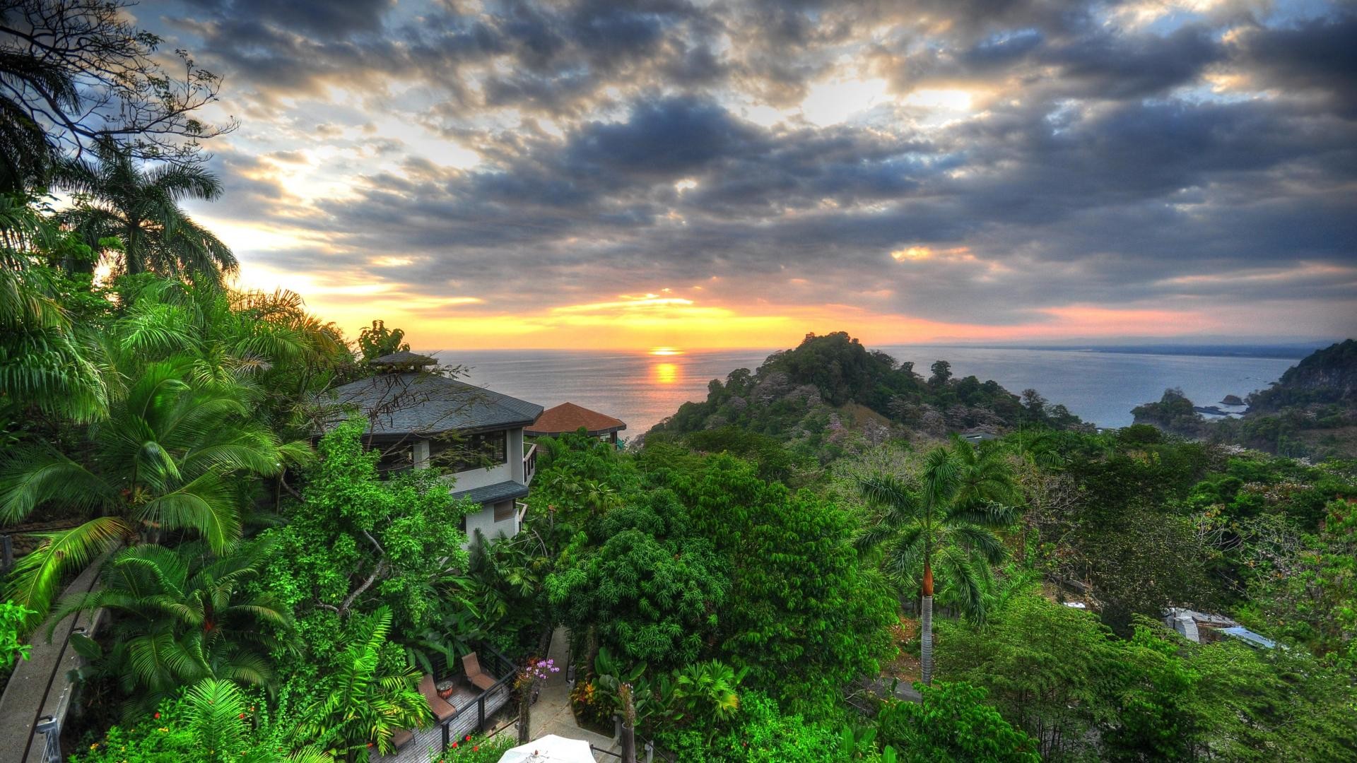 Foresta tropicale, Tramonto, Mare, Nuvole, Full HD, sfondo Windows Vista