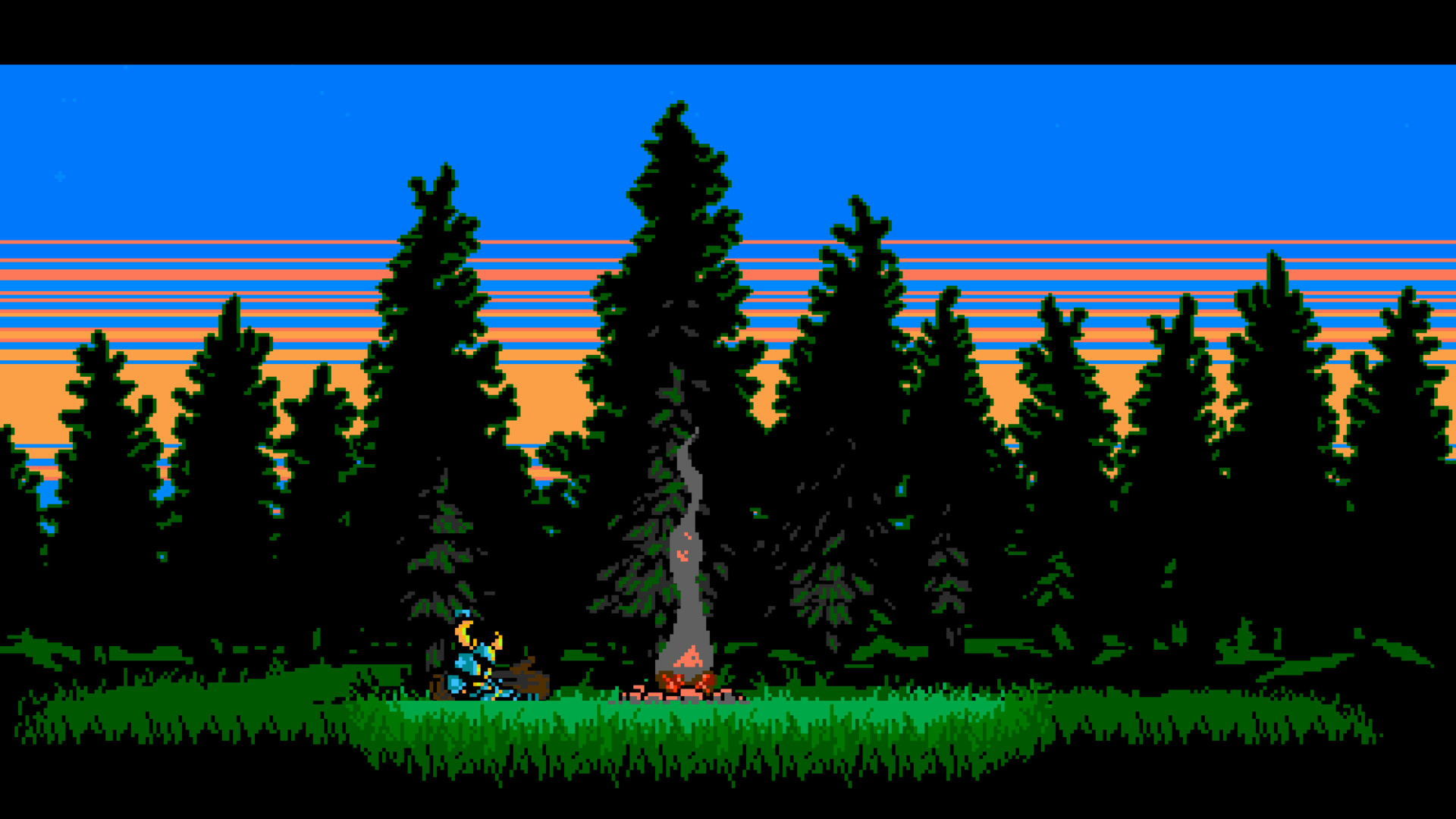 Shovel Knight, Foresta, Falò, Tramonto, Pixel art, Full HD, sfondo Windows 11