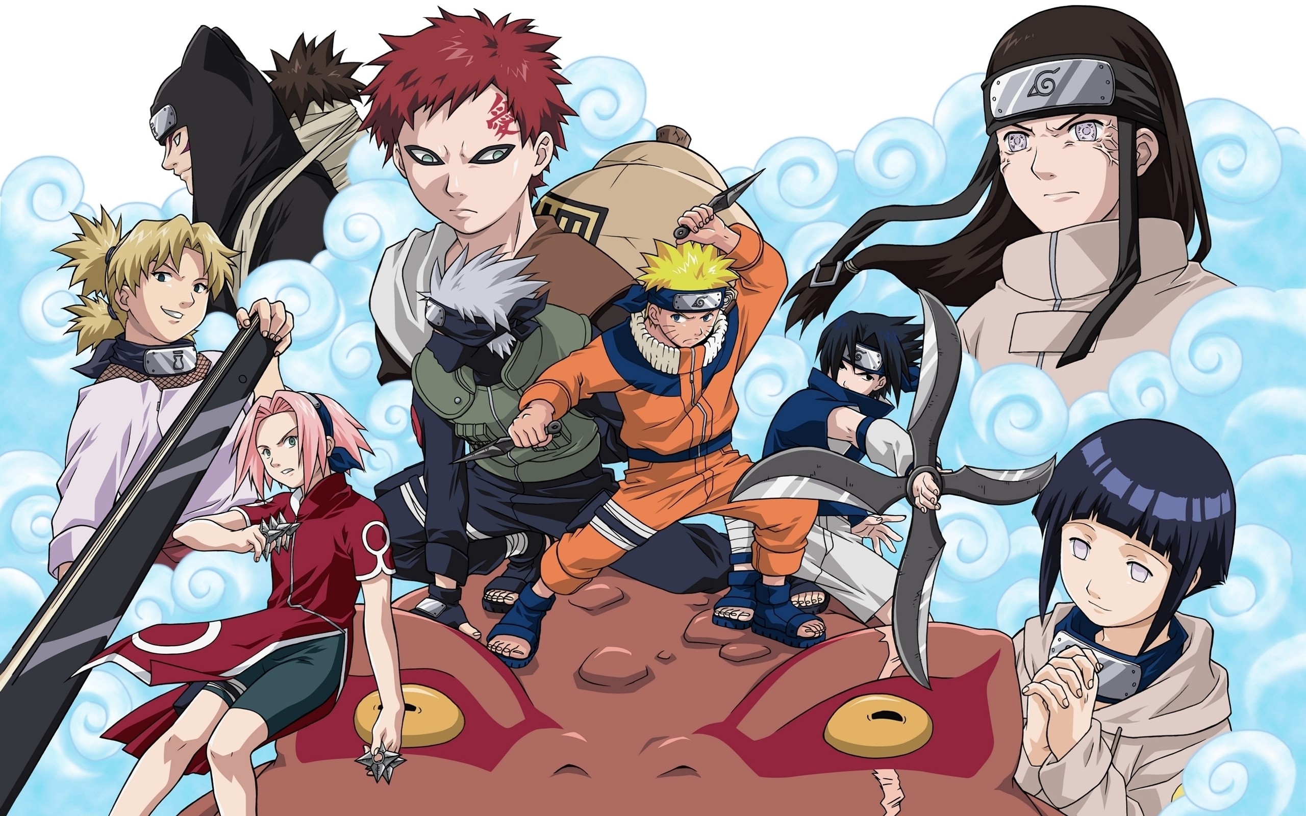 Naruto Uzumaki, Sasuke Uchiha, Sakura Haruno, Kakashi Hatake, Gaara, Neji Hyuga, Hinata Hyuga, Temari, Kankuro, Gamabunta, immagine di sfondo
