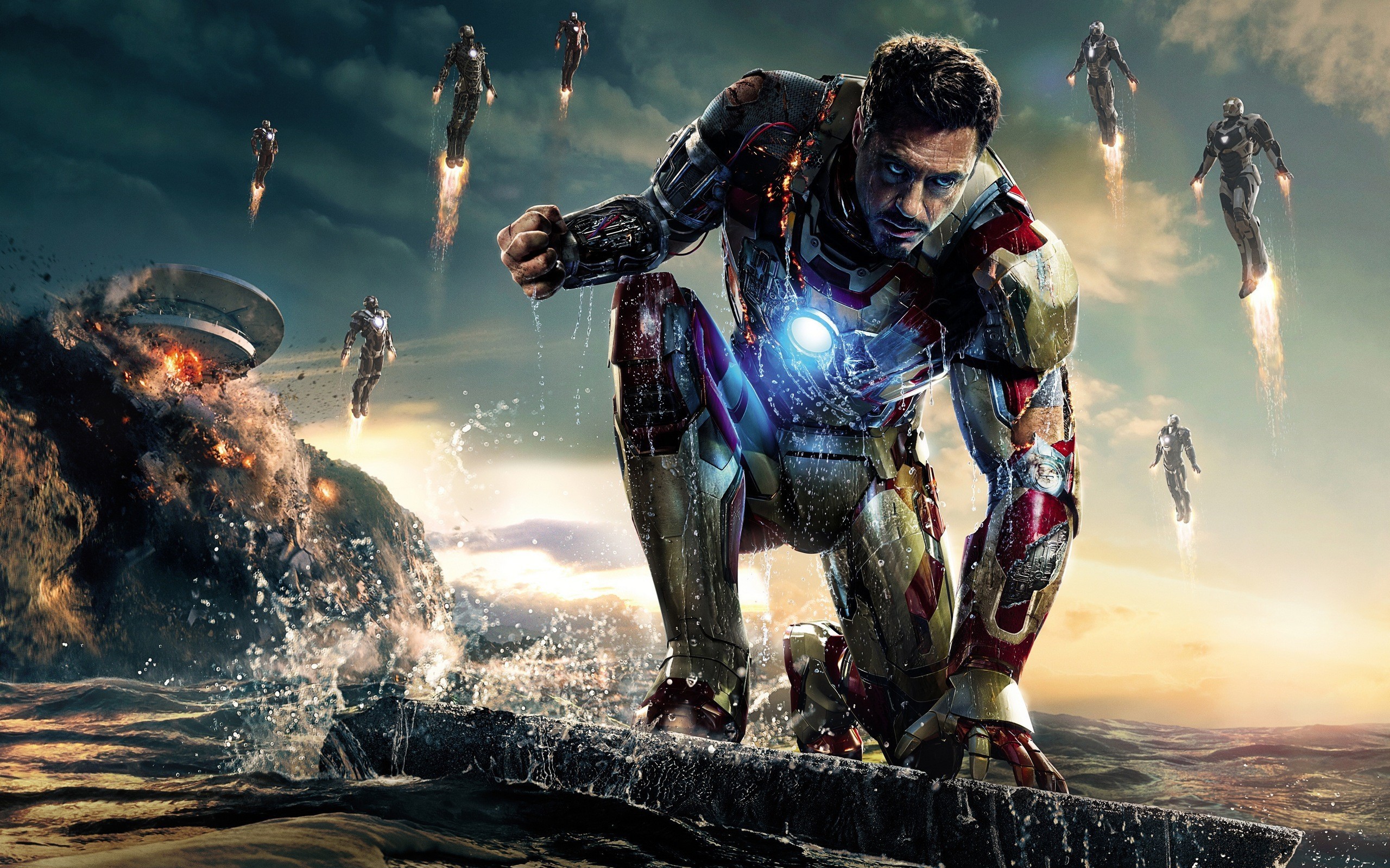 Iron Man 3, Tony Stark, Robert Downey Jr., Iron Legion, Esplosioni, sfondo desktop 1600p