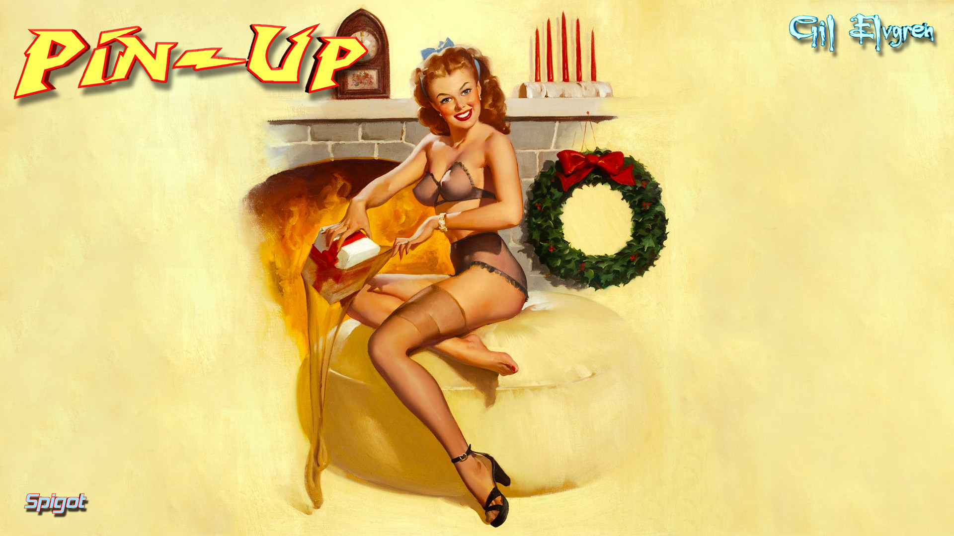 Gil Elvgren, Pin-up, Natale, Camino, Ghirlanda, Full HD, sfondo per PC