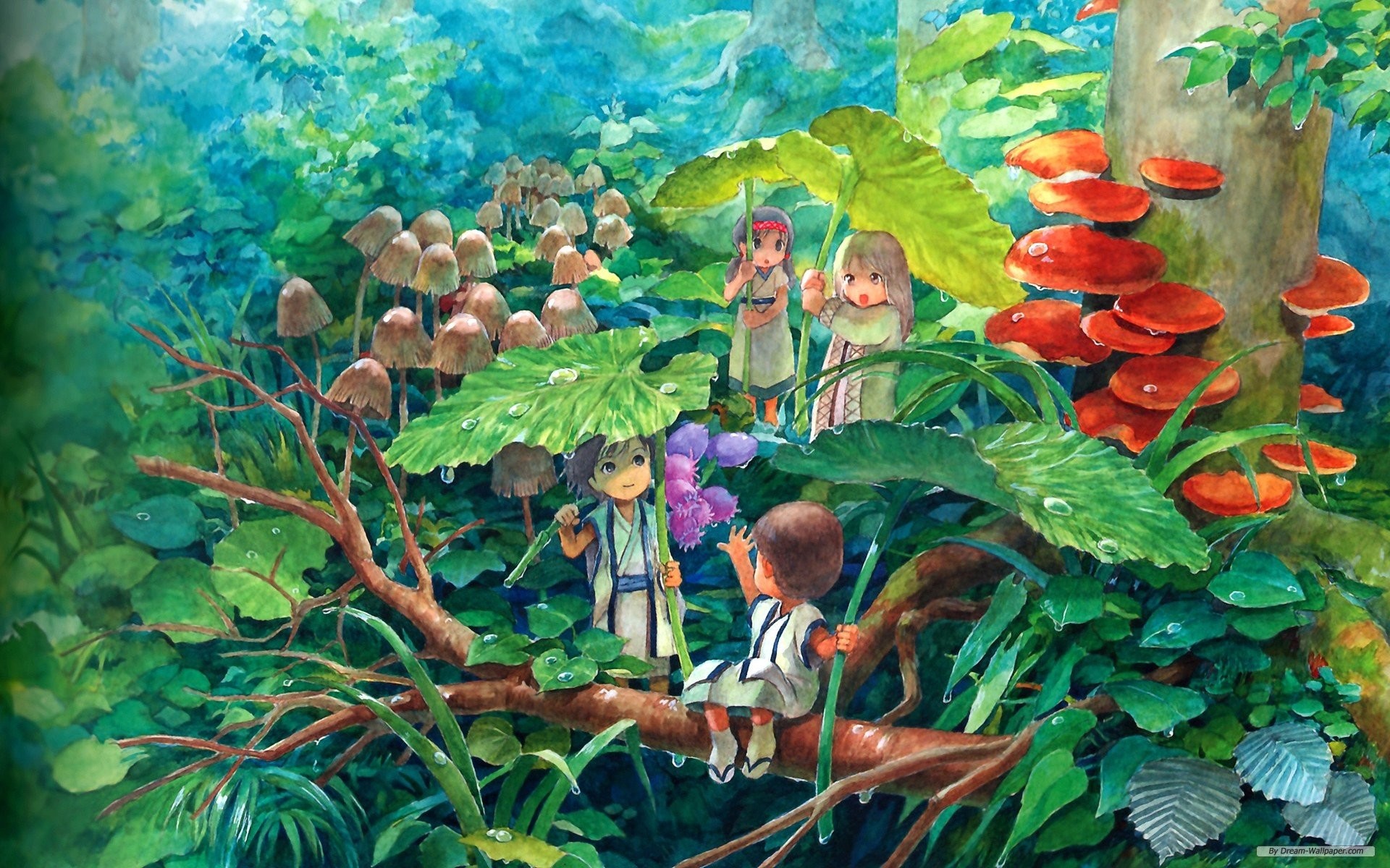 Illustrazione anime, Bambini, Foresta, Funghi, 16:10 Full HD, sfondo widescreen
