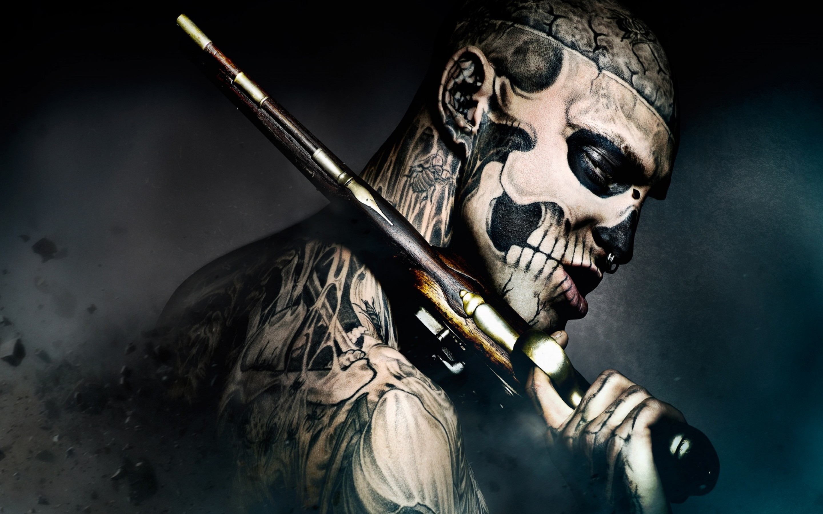 Rick Genest, Zombie Boy, Tatuaggio teschio, Fucile, 2K, sfondo per PC