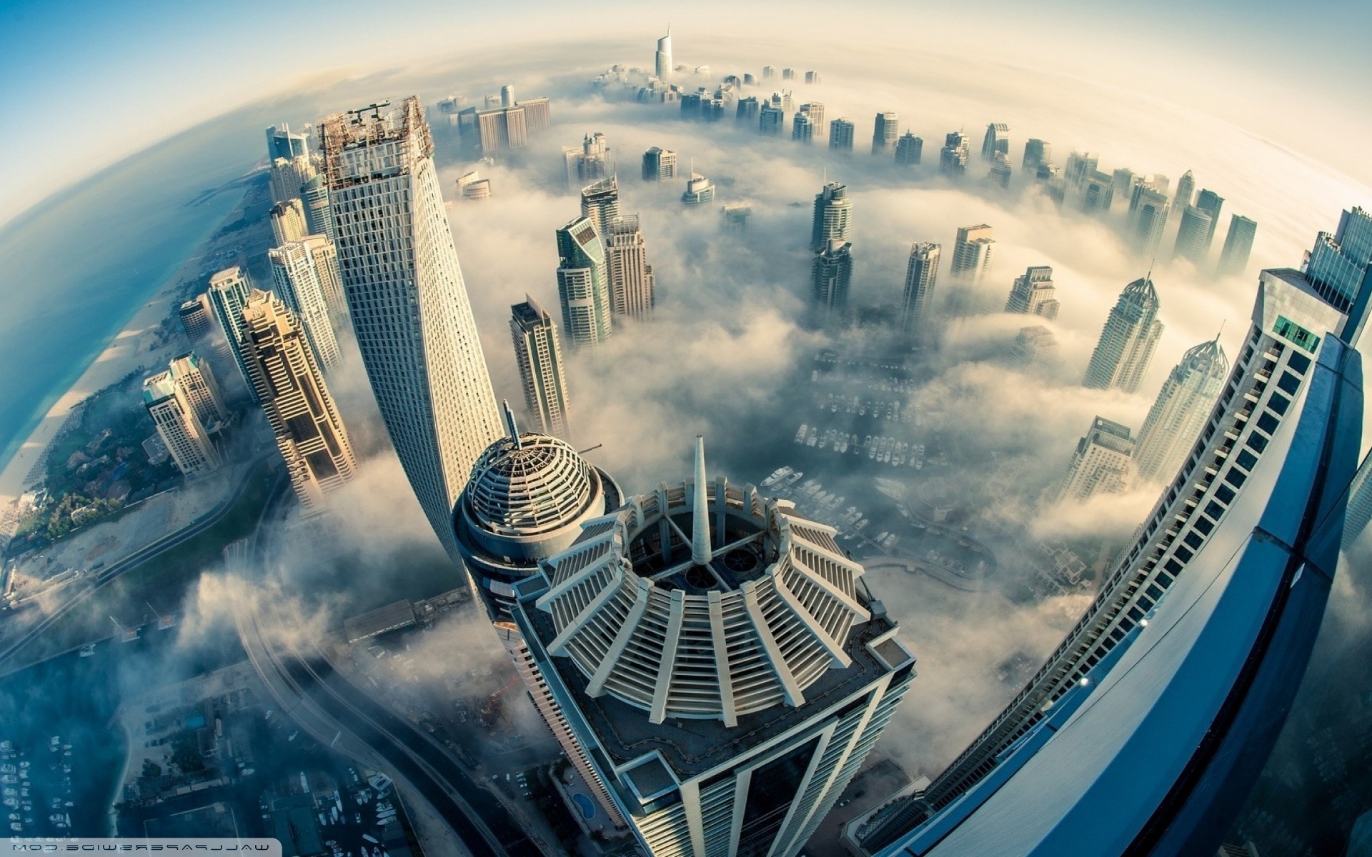 Dubai, Grattacieli, Nebbia, Fisheye, Veduta aerea, 1920x1200, immagine di sfondo