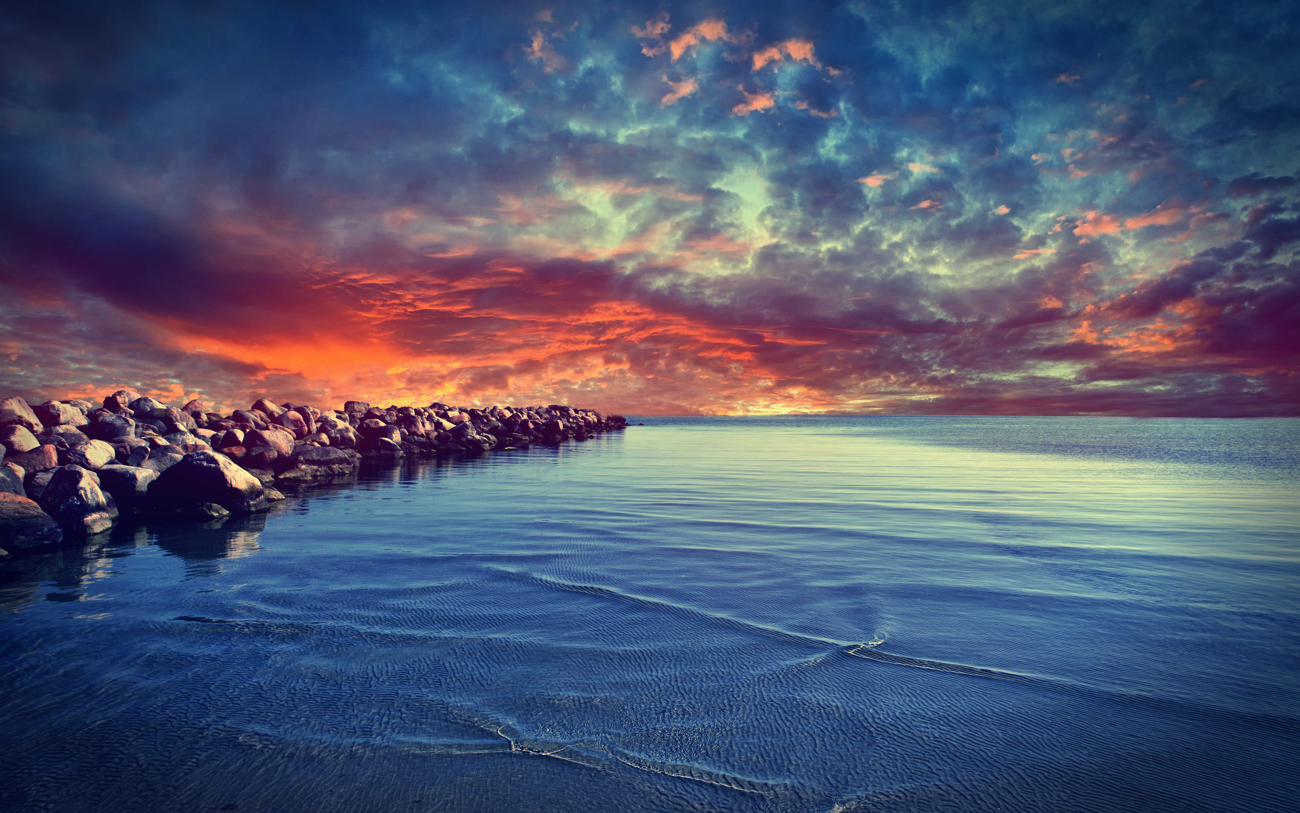 Mare, Frangiflutti, Tramonto, Cielo rosso, 2K, sfondo per PC e portatile