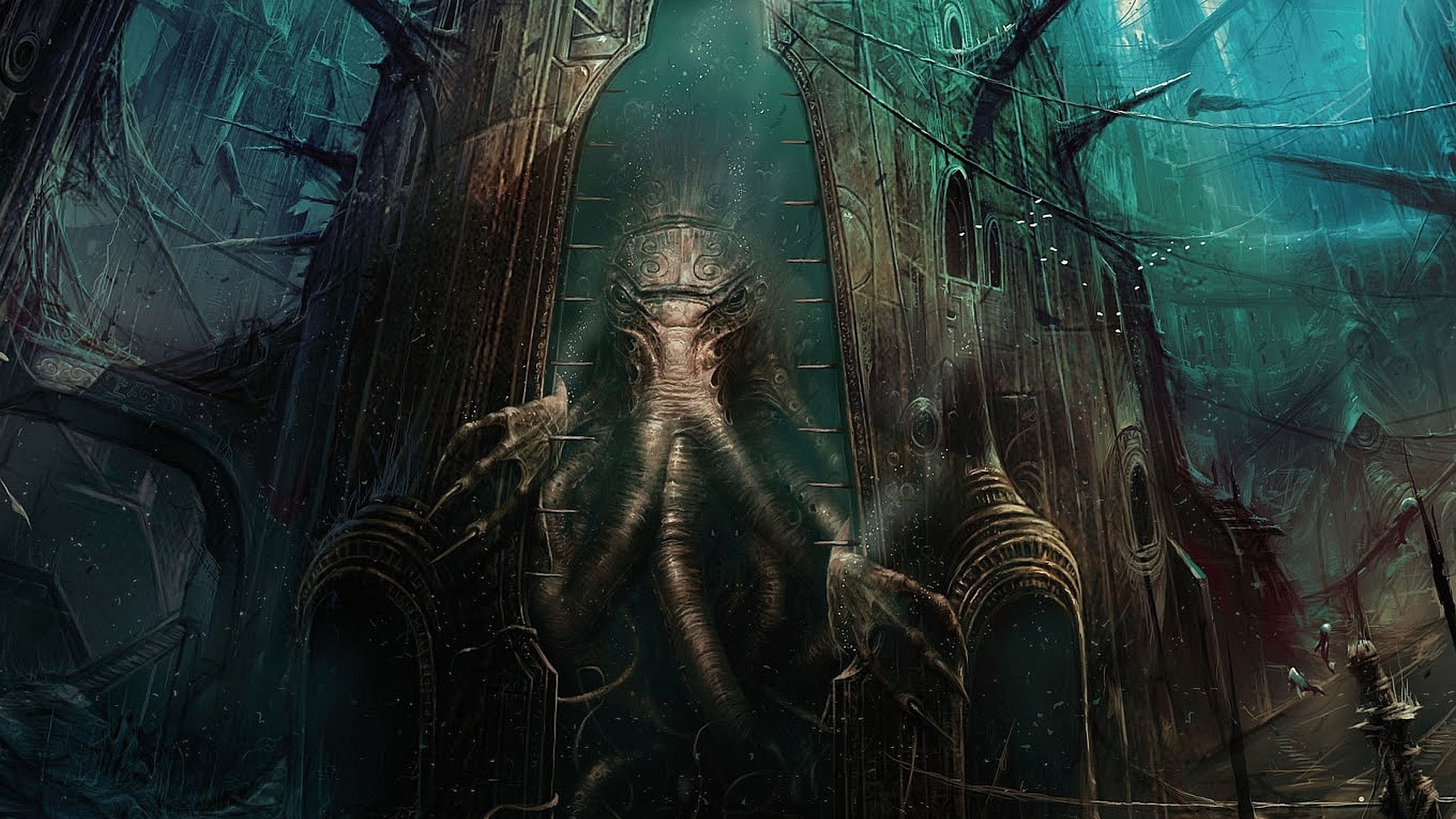 Cthulhu, R'lyeh, H. P. Lovecraft, Verde acqua, Full HD, sfondo desktop