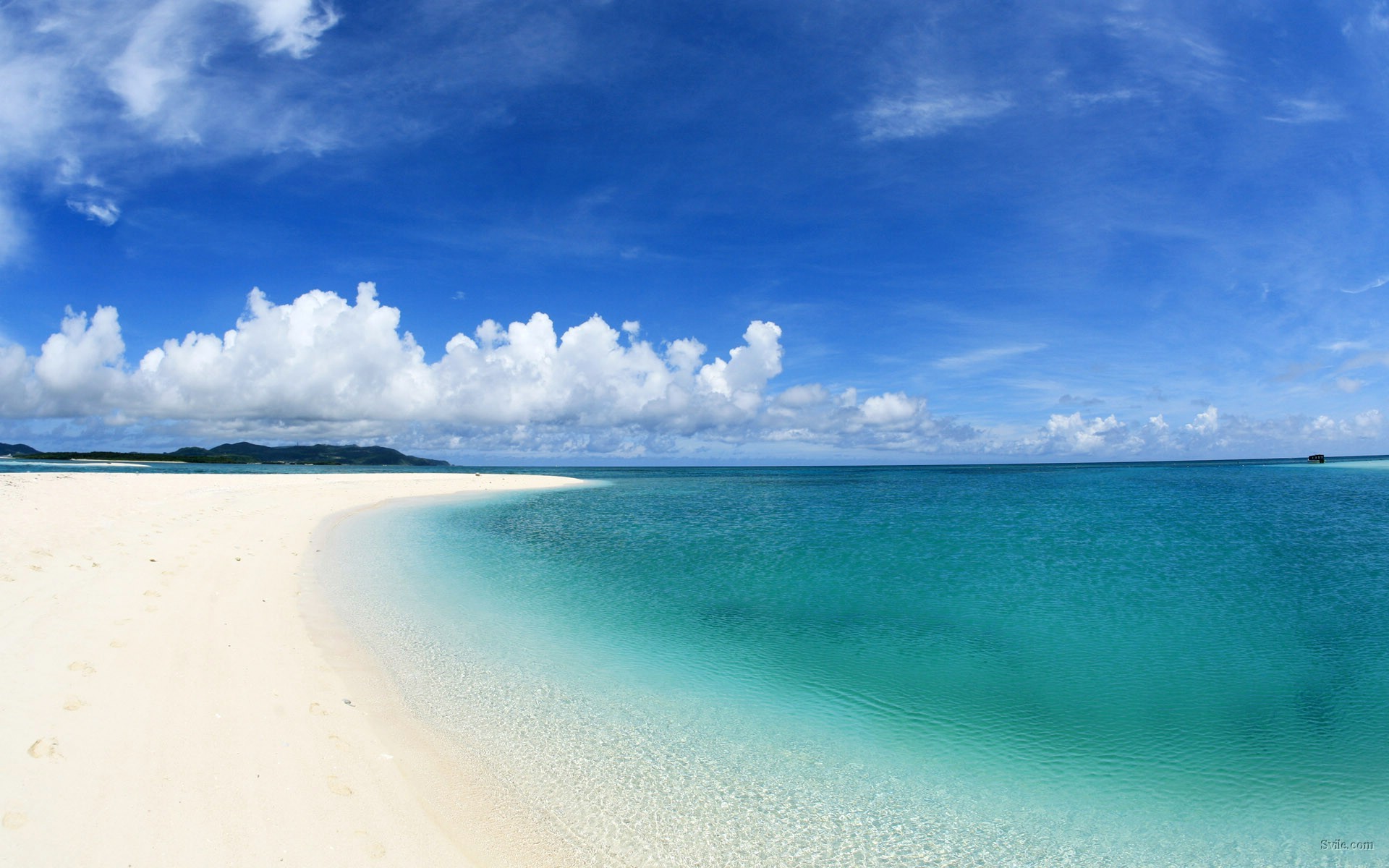 Spiaggia bianca, Mare turchese, Nuvole, Tropici, Full HD, wallpaper desktop
