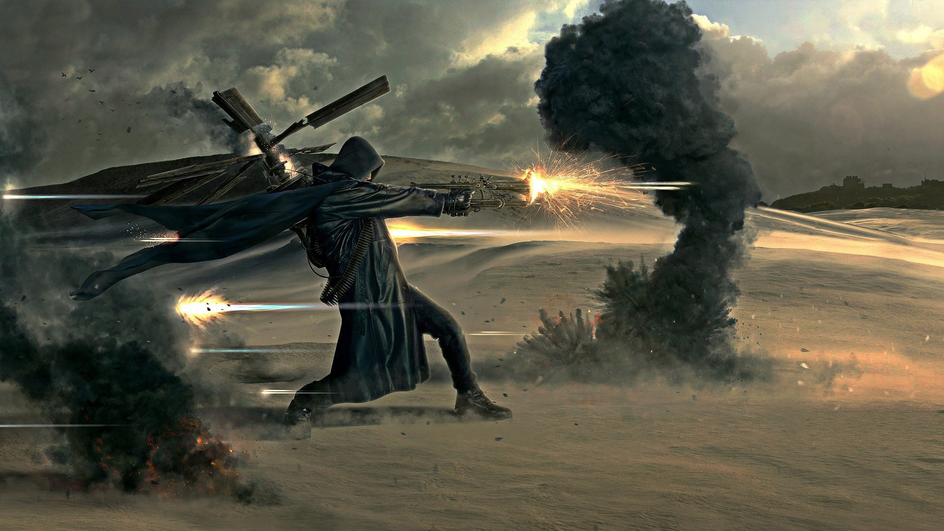 Soldato, Elicottero, Deserto, Esplosione, 16:9 Full HD, wallpaper widescreen