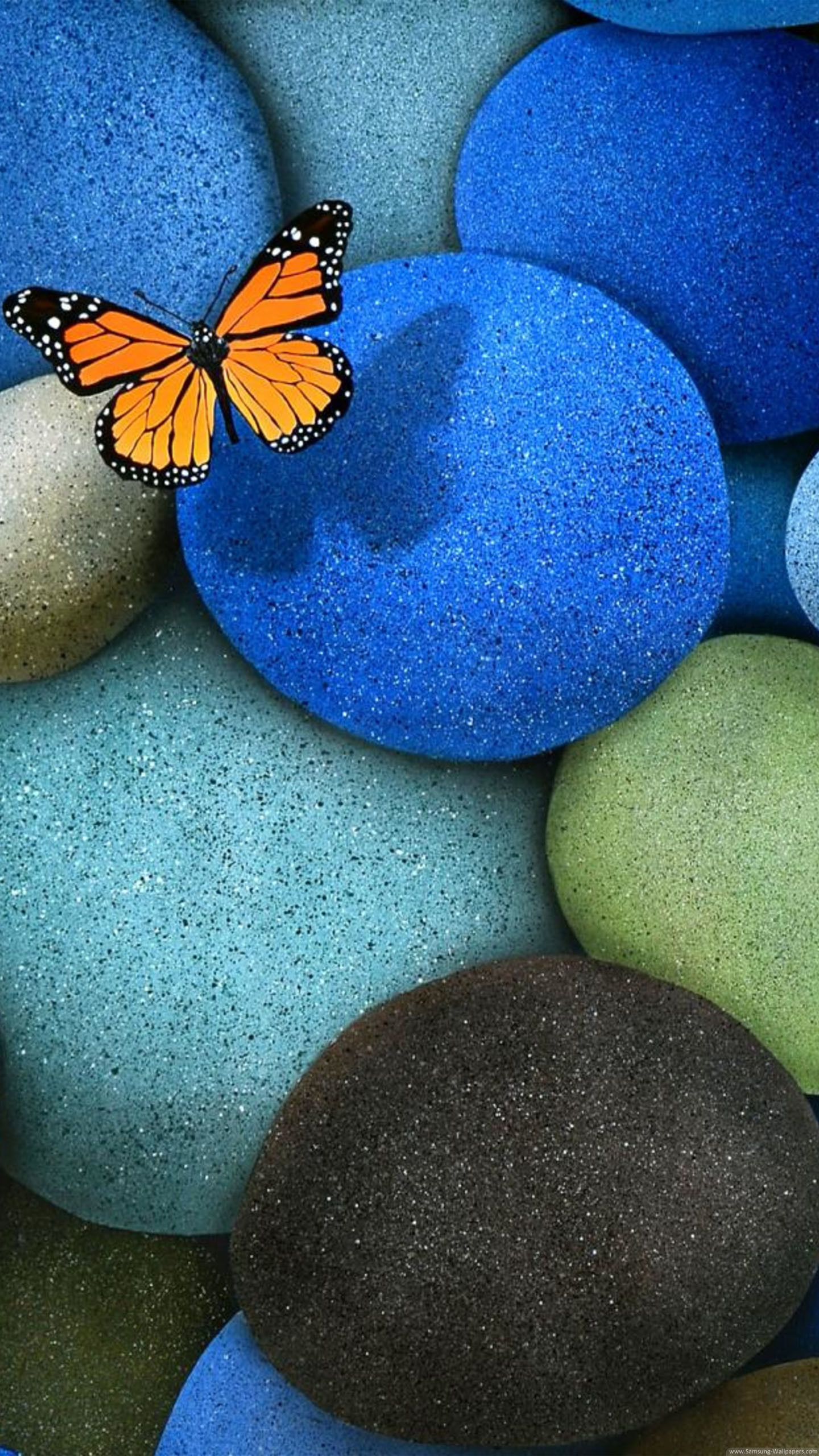 Farfalla, Ciottoli, Pietre blu, Monarca, sfondo Samsung Galaxy S7 QHD+