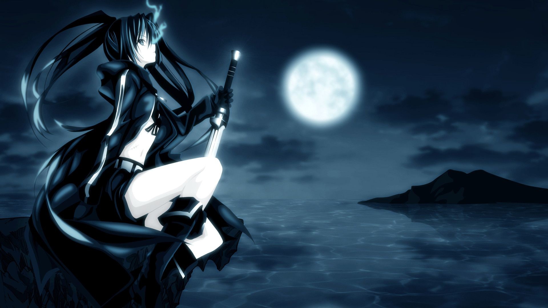 Black Rock Shooter, Luna piena, Katana, Notte, Full HD, sfondo Windows 11