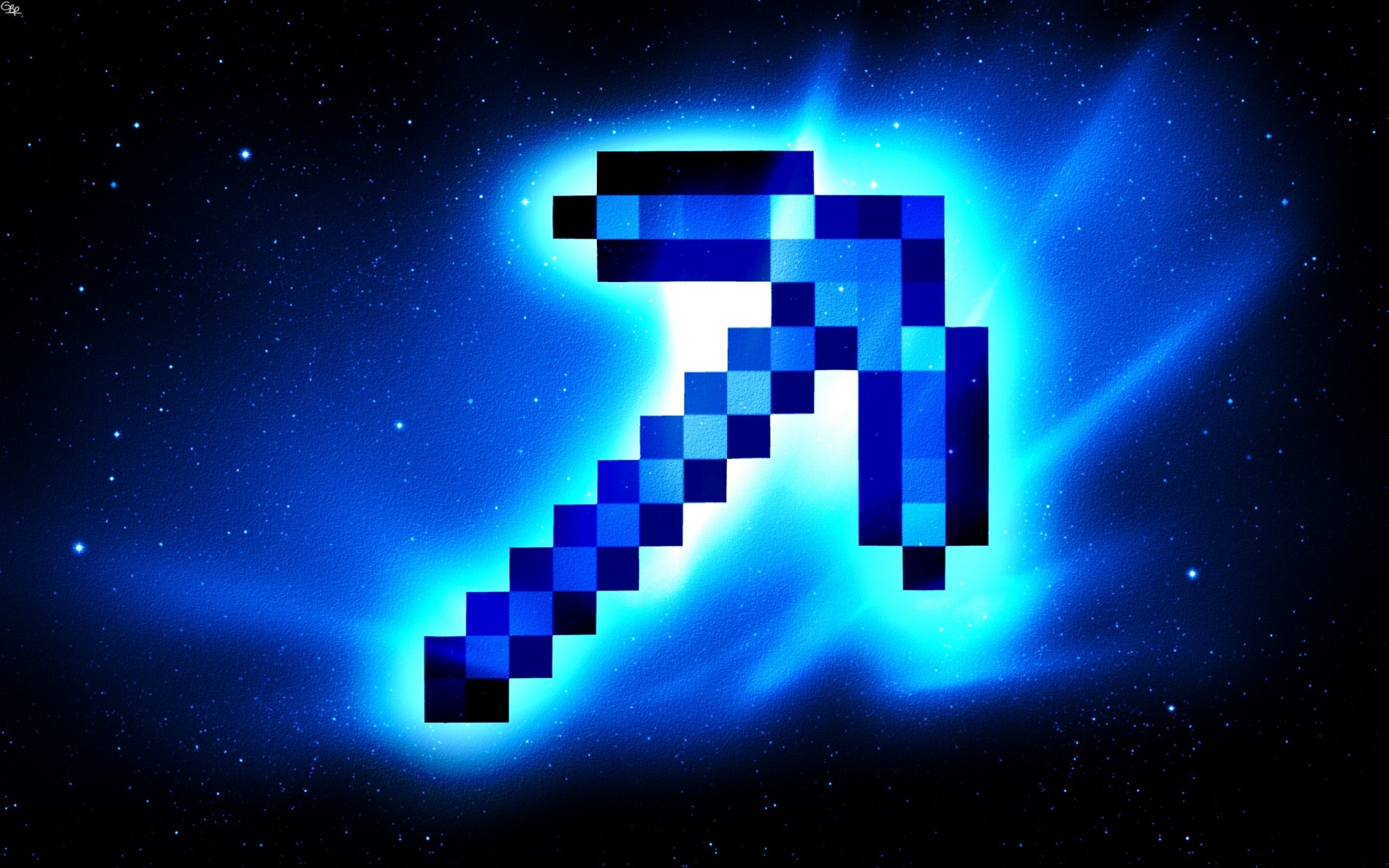 Piccone di diamante, Minecraft, Pixel art, Spazio, Blu neon, 2048x1280, sfondo MacBook Pro