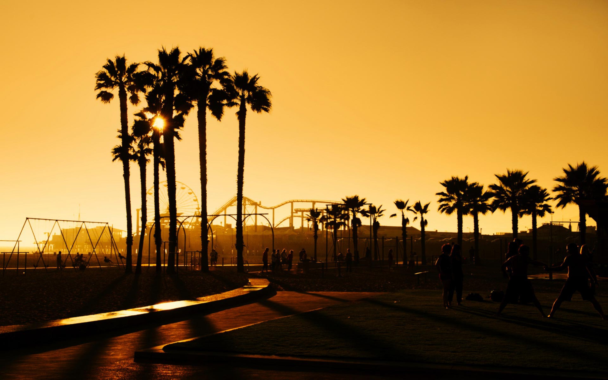 Palme, Silhouette, Tramonto, California, Cielo arancione, 2K, sfondo desktop