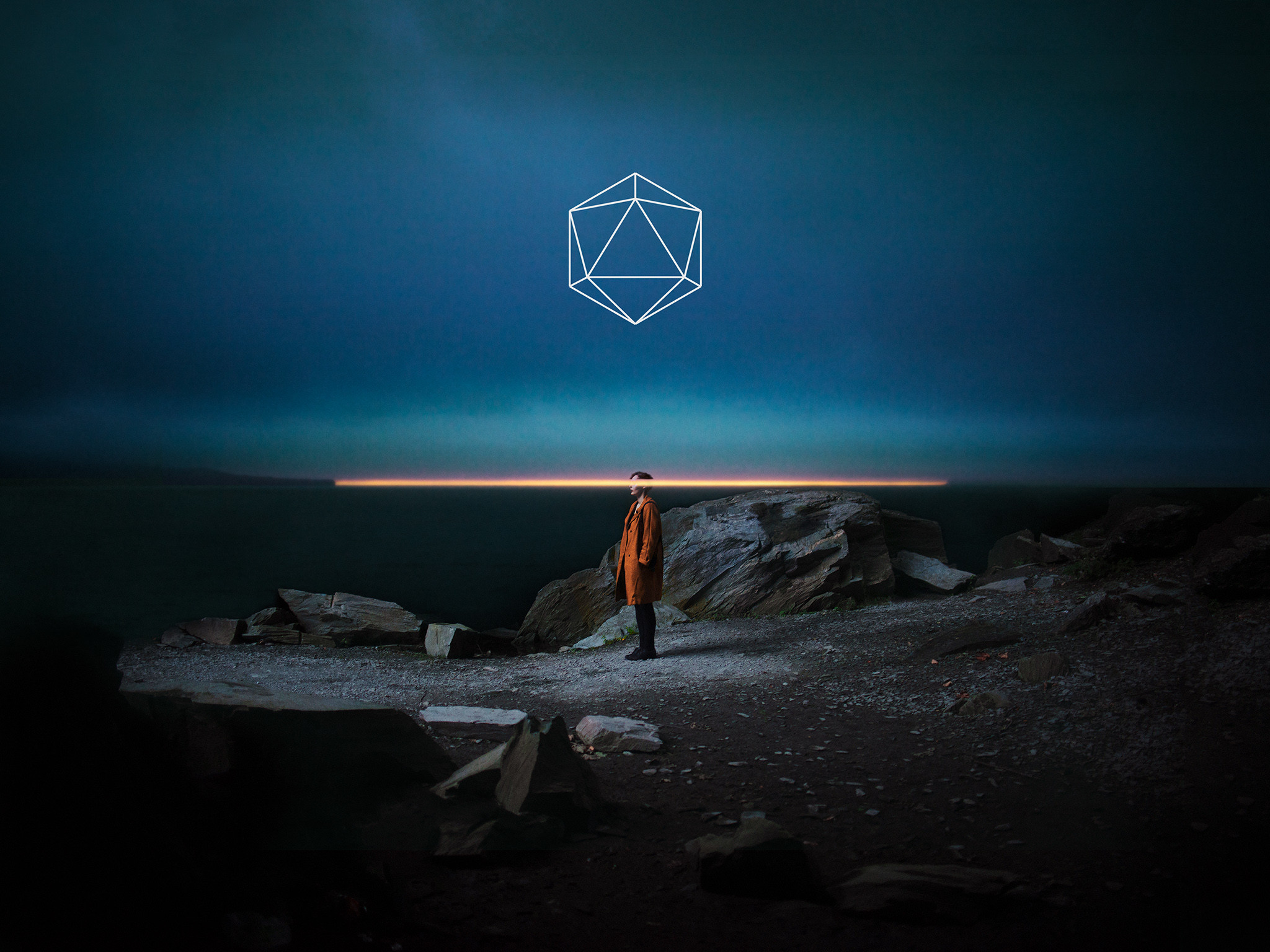 ODESZA, Logo, Paesaggio notturno, Scogliera, Figura solitaria, Blu, sfondo iPhone 4K