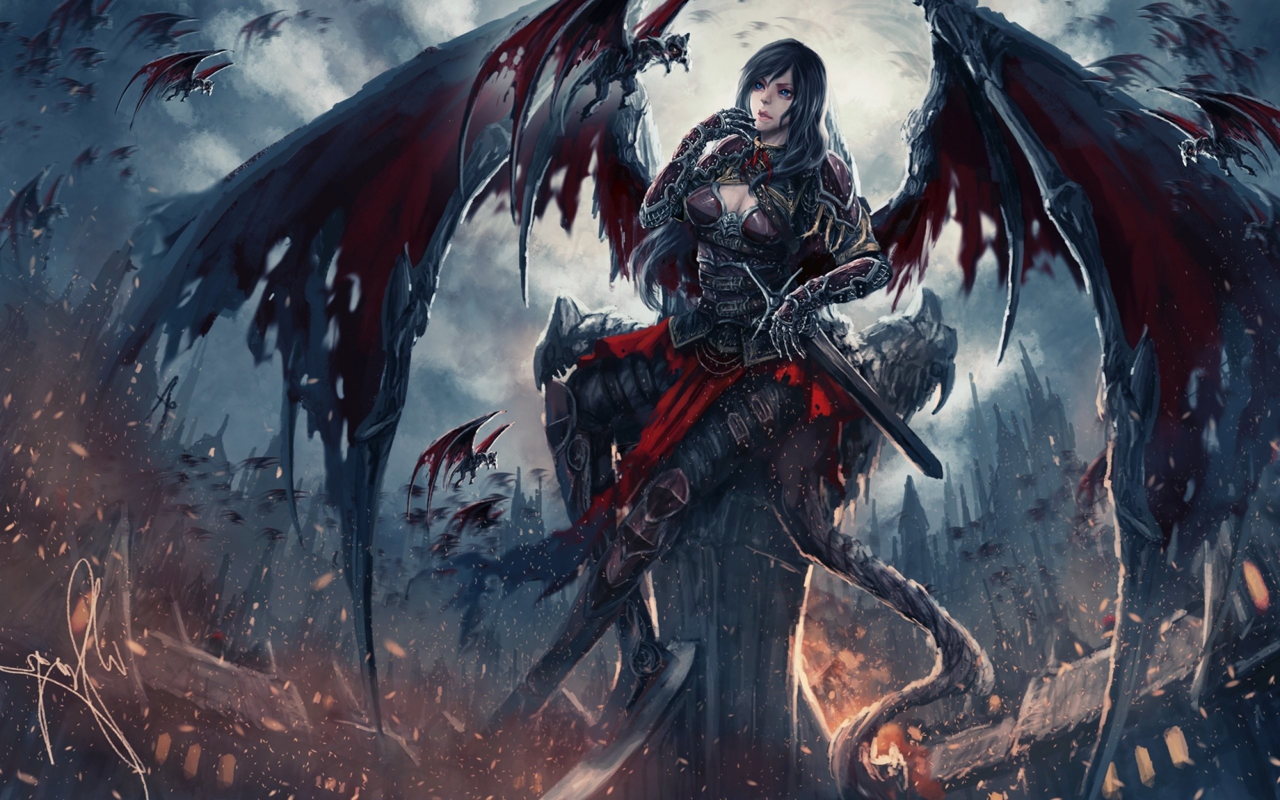 Angelo oscuro, Ali rosse e nere, Guerriera, Arte fantasy, 16:10 2K, wallpaper widescreen