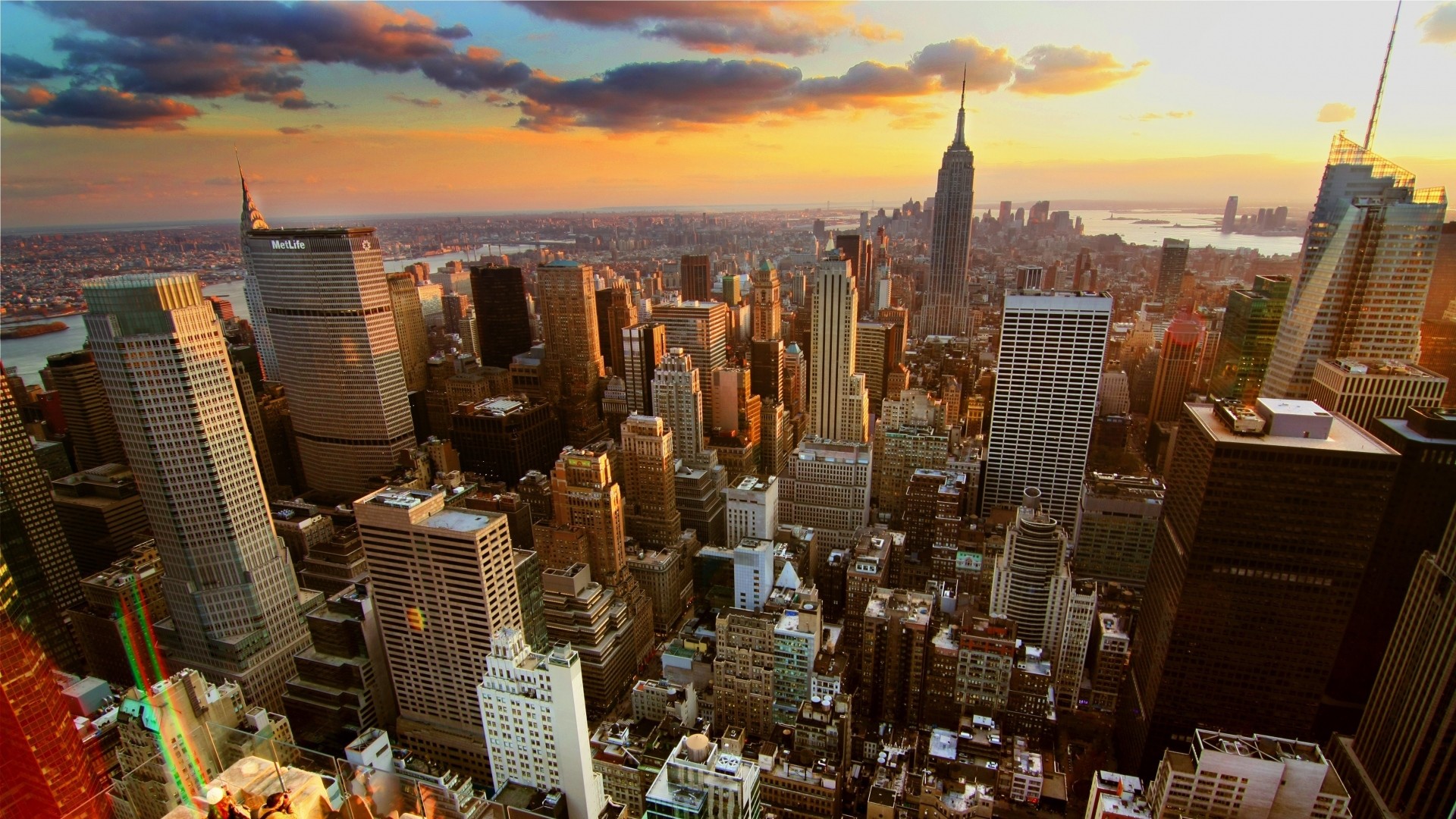Empire State Building, Manhattan, New York, Tramonto, Grattacieli, sfondo desktop Full HD