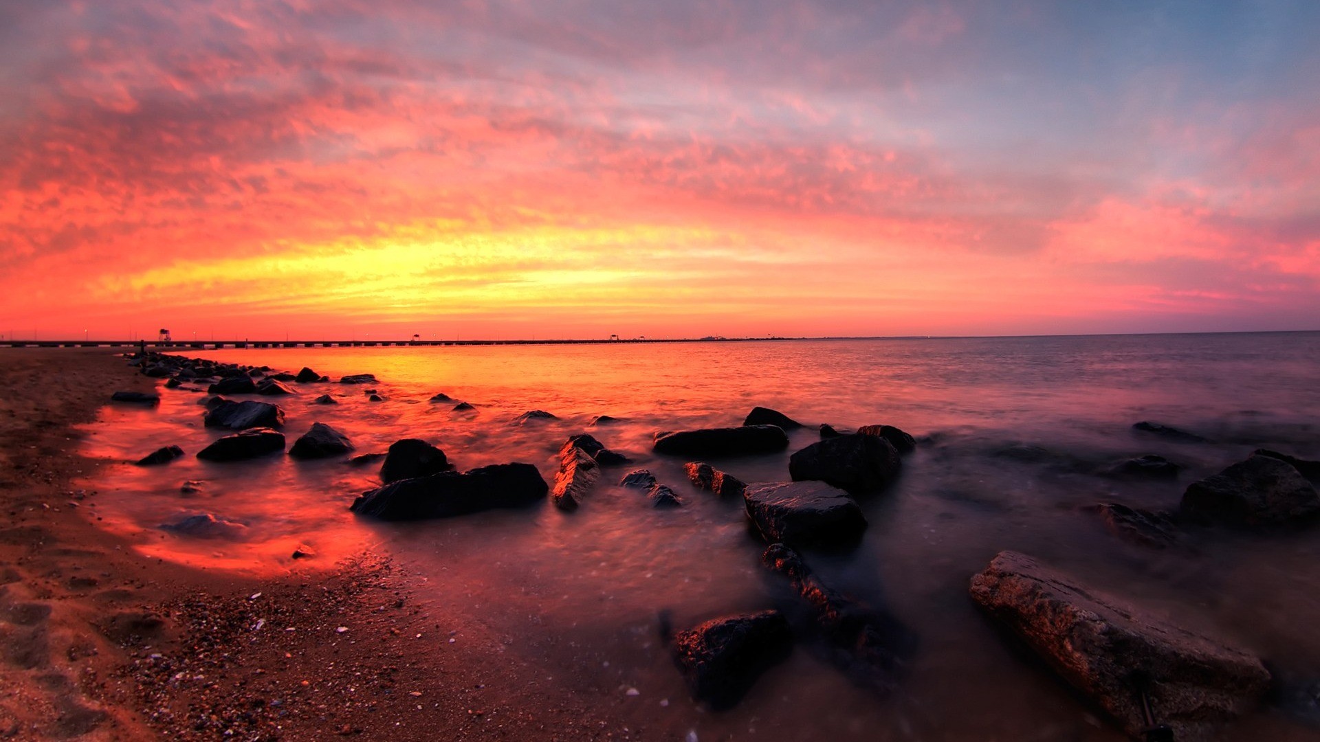 Costa rocciosa, Tramonto, Cielo rosa, Lunga esposizione, Full HD, wallpaper per PC