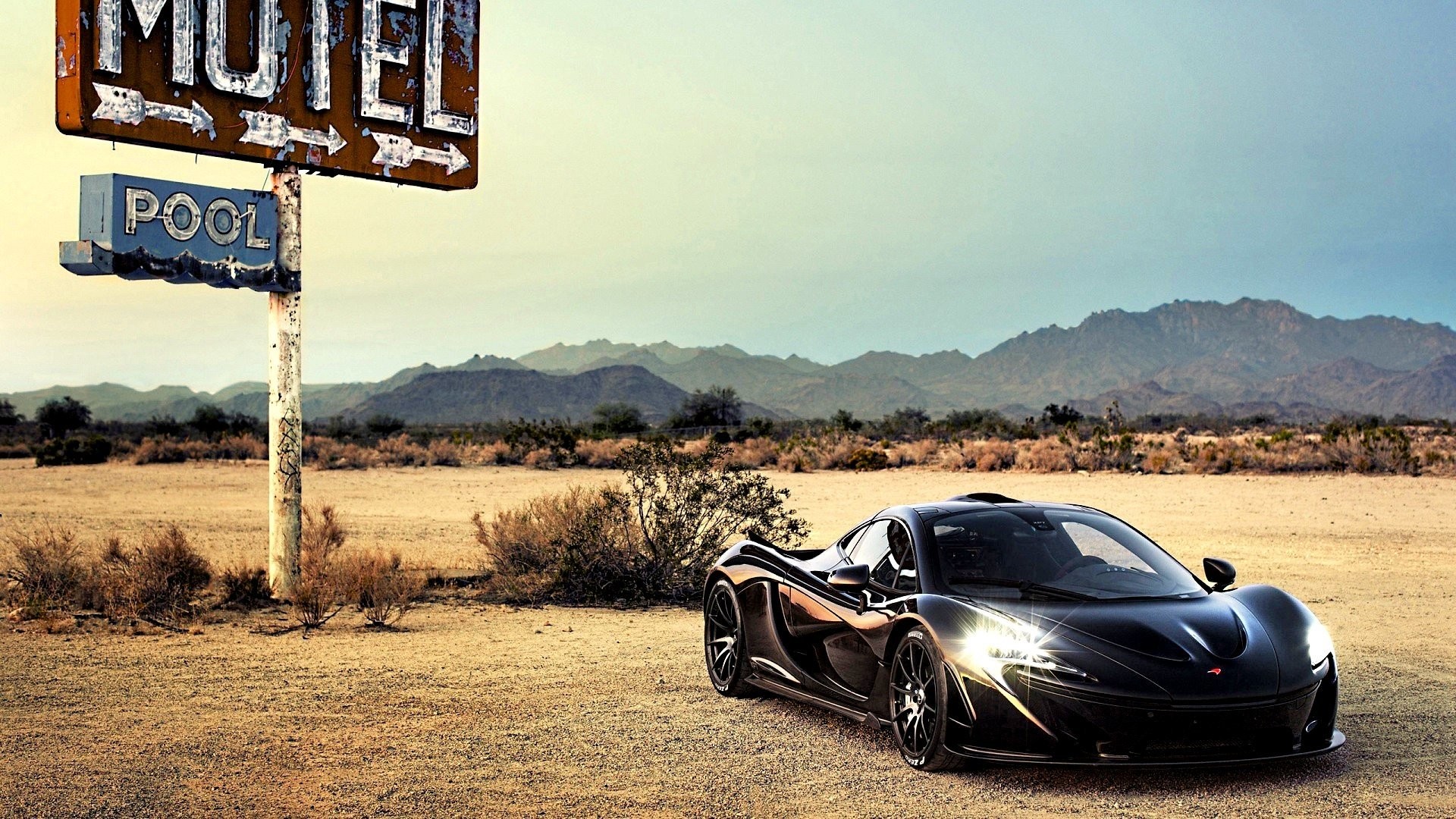 McLaren P1, Motel, Deserto, Nero, Full HD 1080p, sfondo desktop