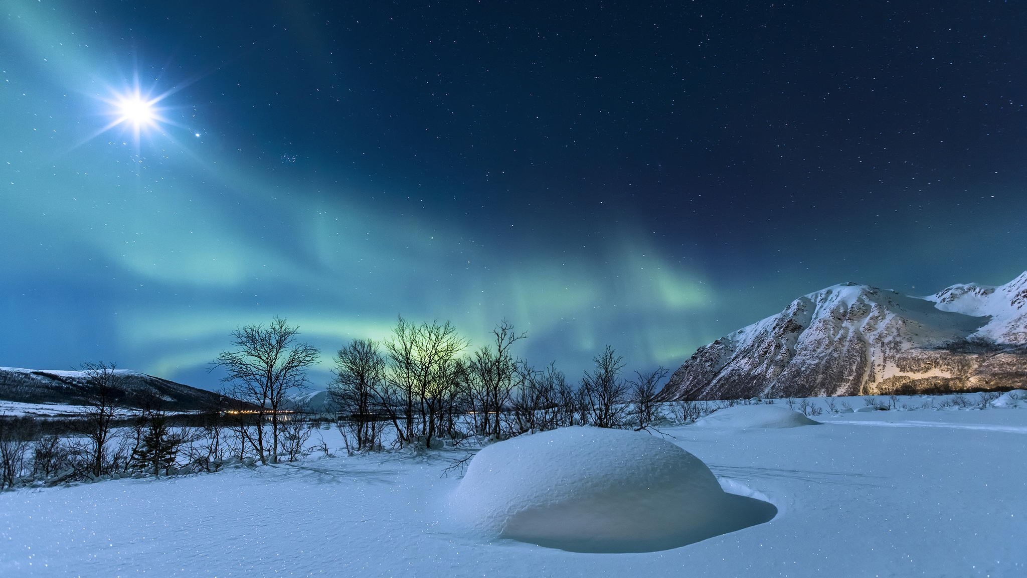 Aurora boreale, Notte, Montagne, Neve, Full HD, wallpaper per PC