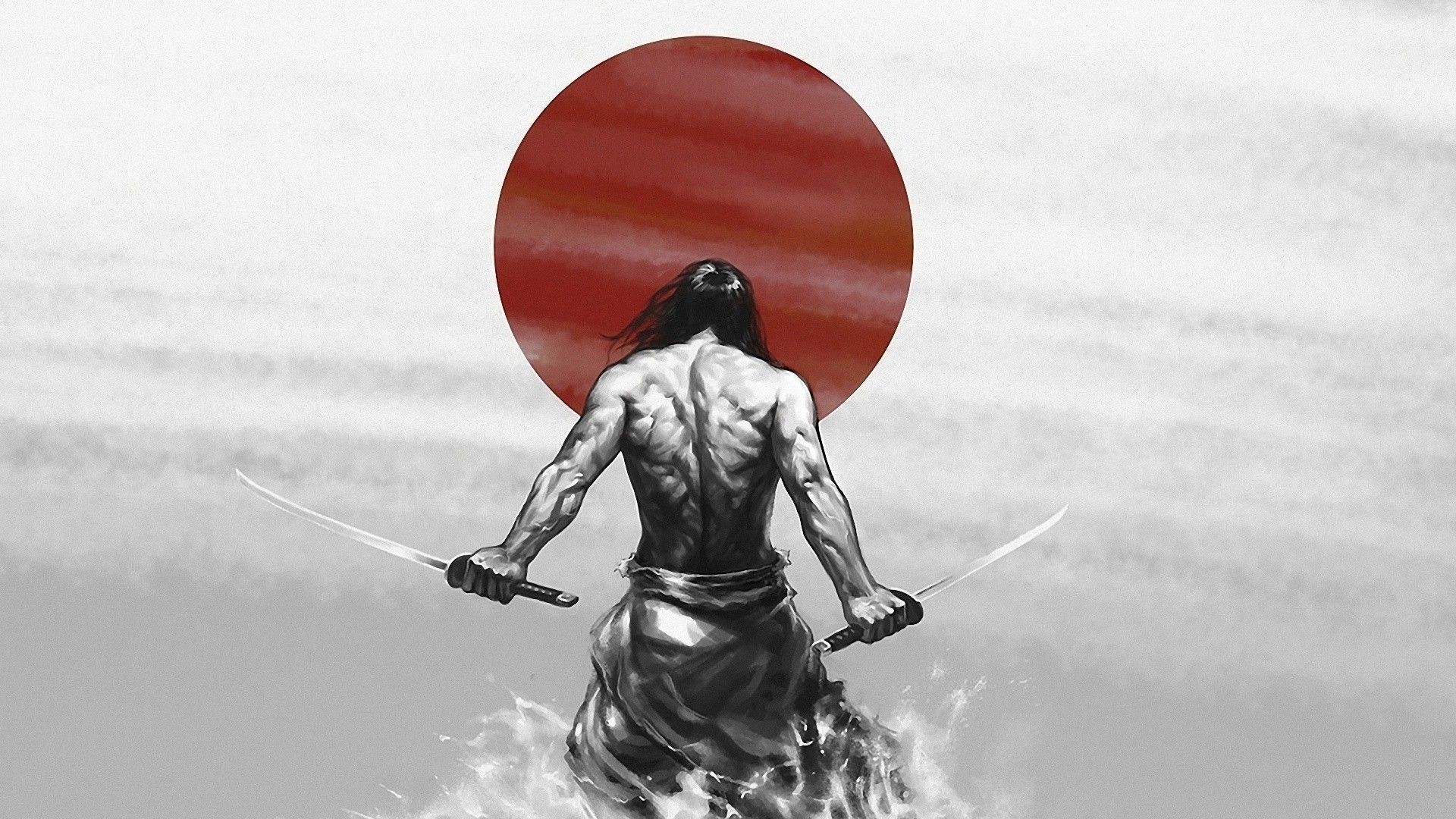 Ronin, Due katane, Sole rosso, Bianco e nero, Full HD, sfondo per portatile