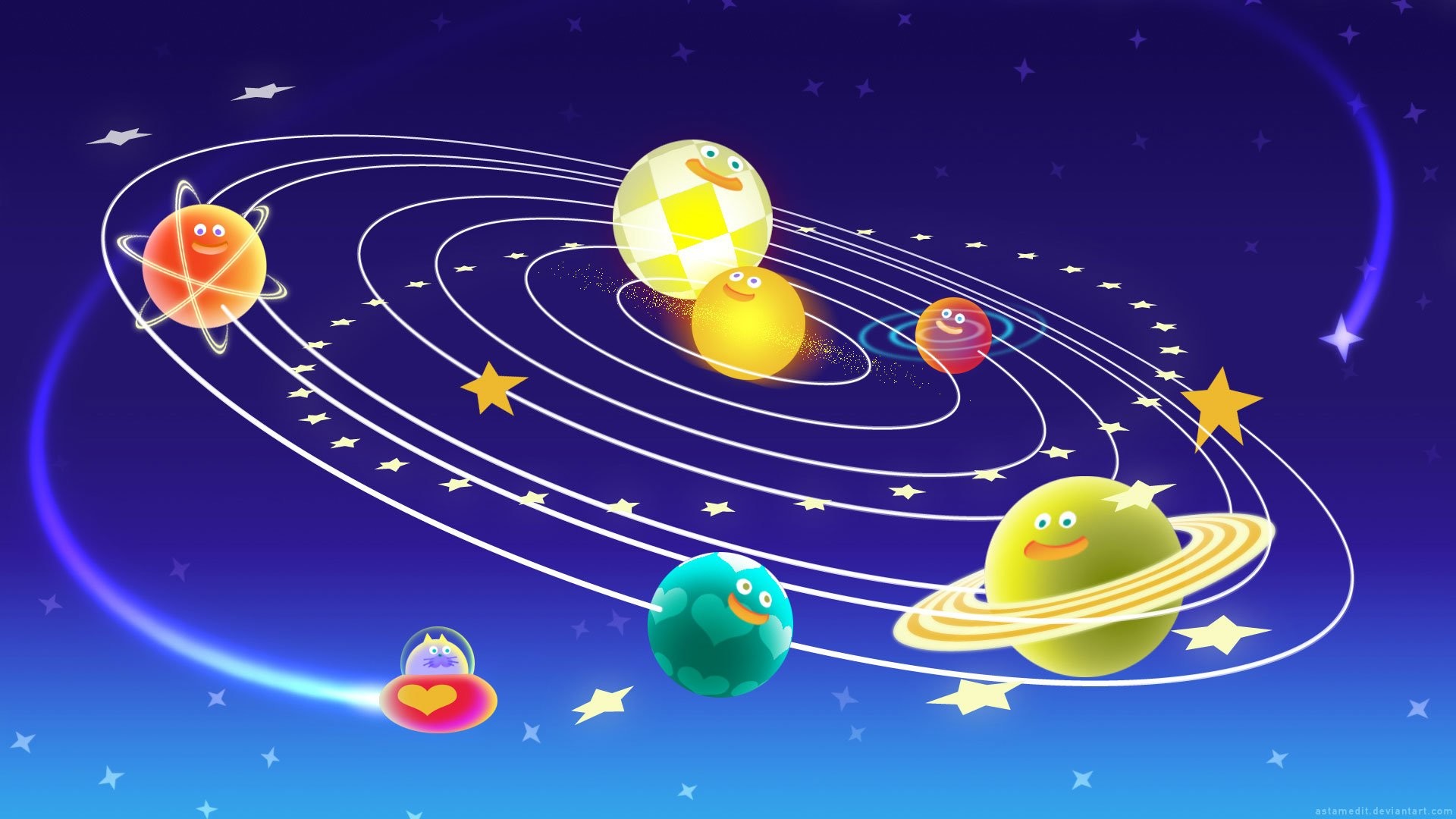 Sistema solare, Pianeti kawaii, Orbite, Cartone animato, Blu, 1920x1080, sfondo per PC