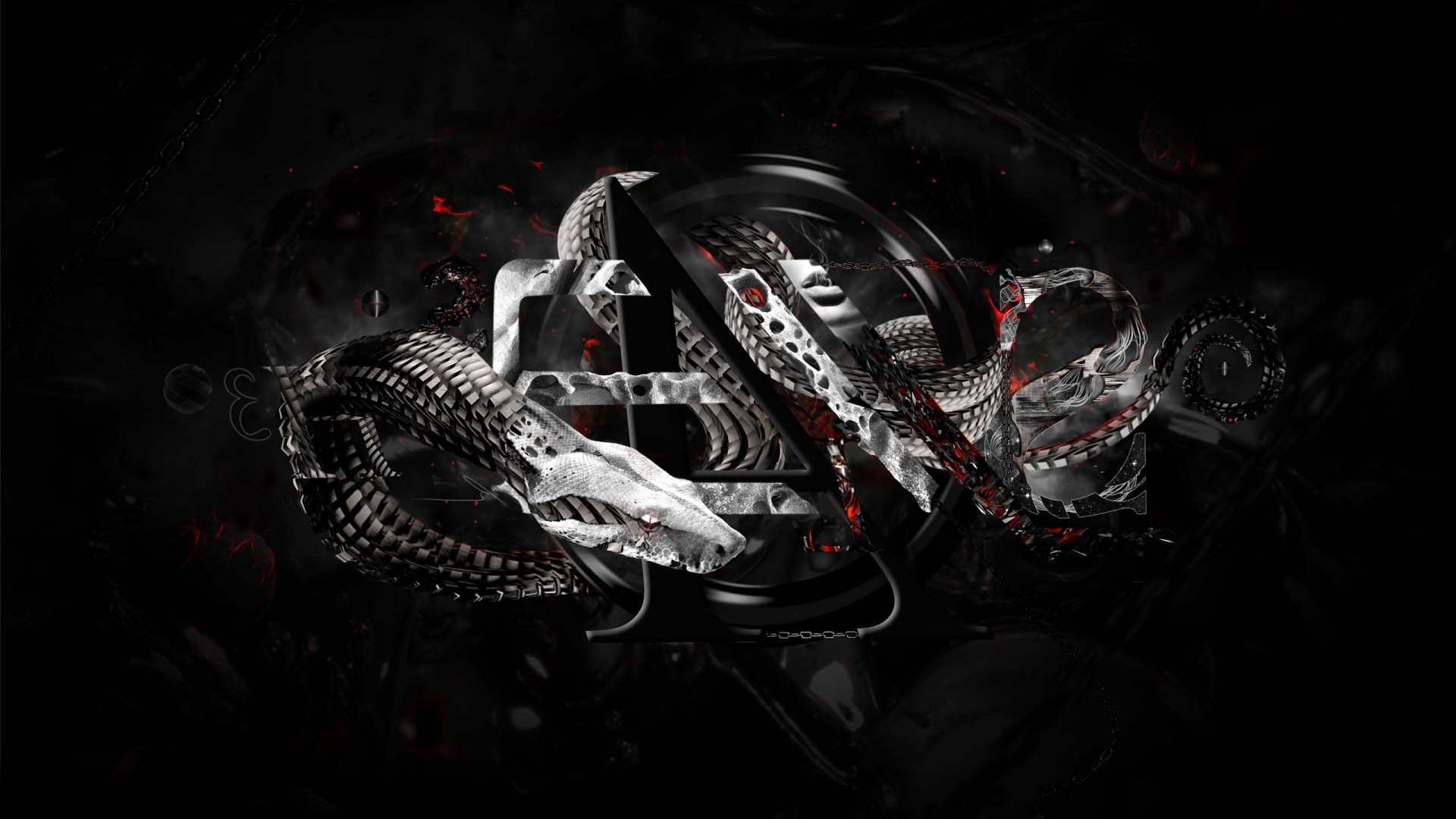 Serpente metallico, Arte digitale, Sfondo nero, 16:9 Full HD, wallpaper widescreen