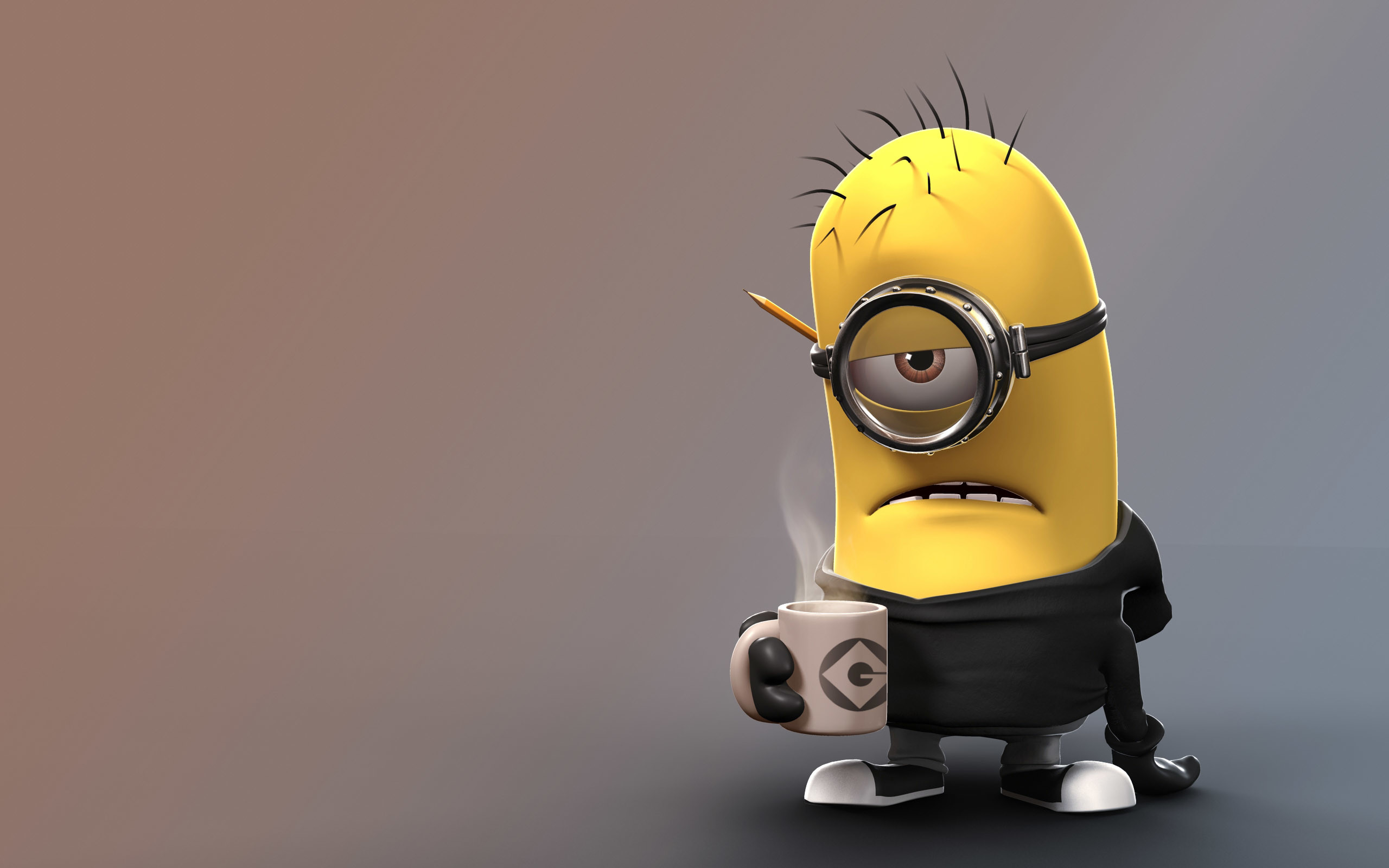 Minion, Tazza di caffè, Sfondo grigio, 2K, wallpaper desktop