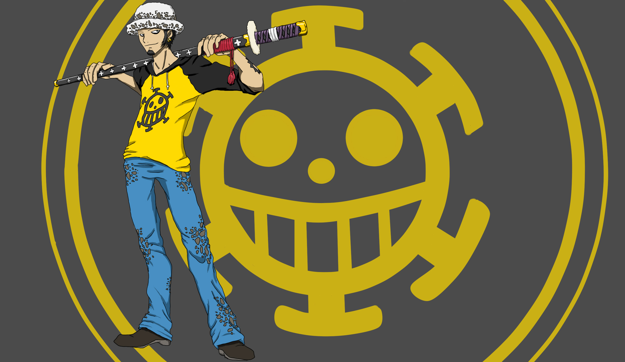Trafalgar Law, Jolly Roger dei Pirati Heart, Kikoku, Grigio e giallo, sfondo desktop 2K