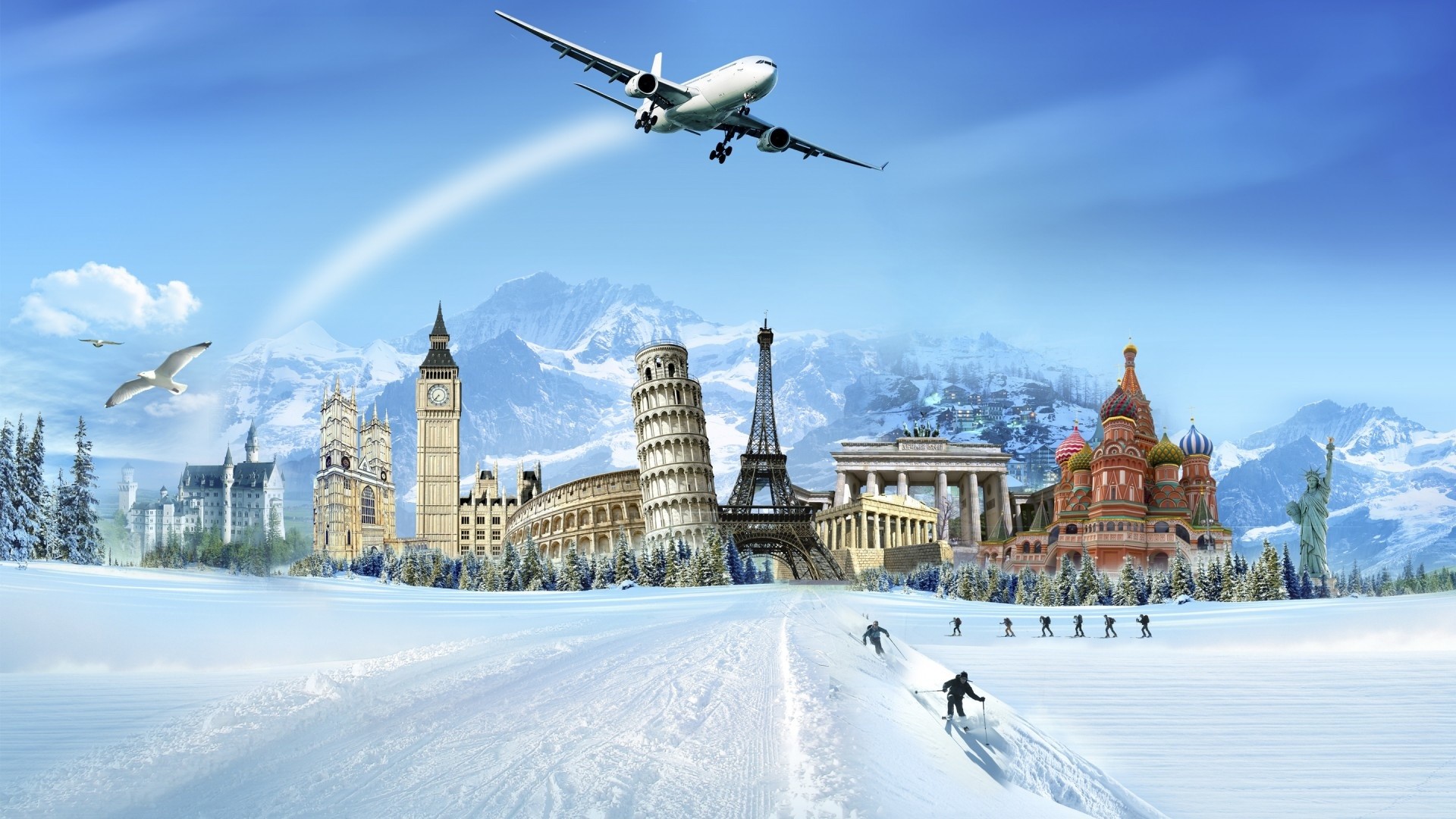 Monumenti del mondo, Big Ben, Torre di Pisa, Torre Eiffel, Aereo, Neve, sfondo widescreen Full HD