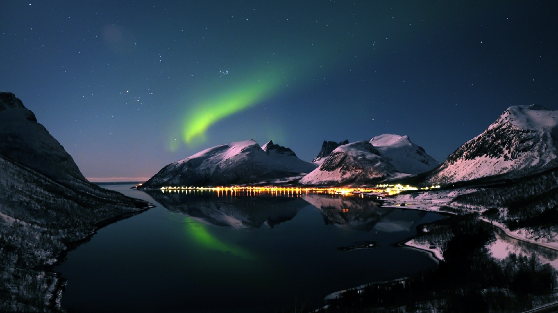 Aurora boreale, Montagne innevate, Fiordo, Notte, Norvegia, Full HD, immagine di sfondo Mac