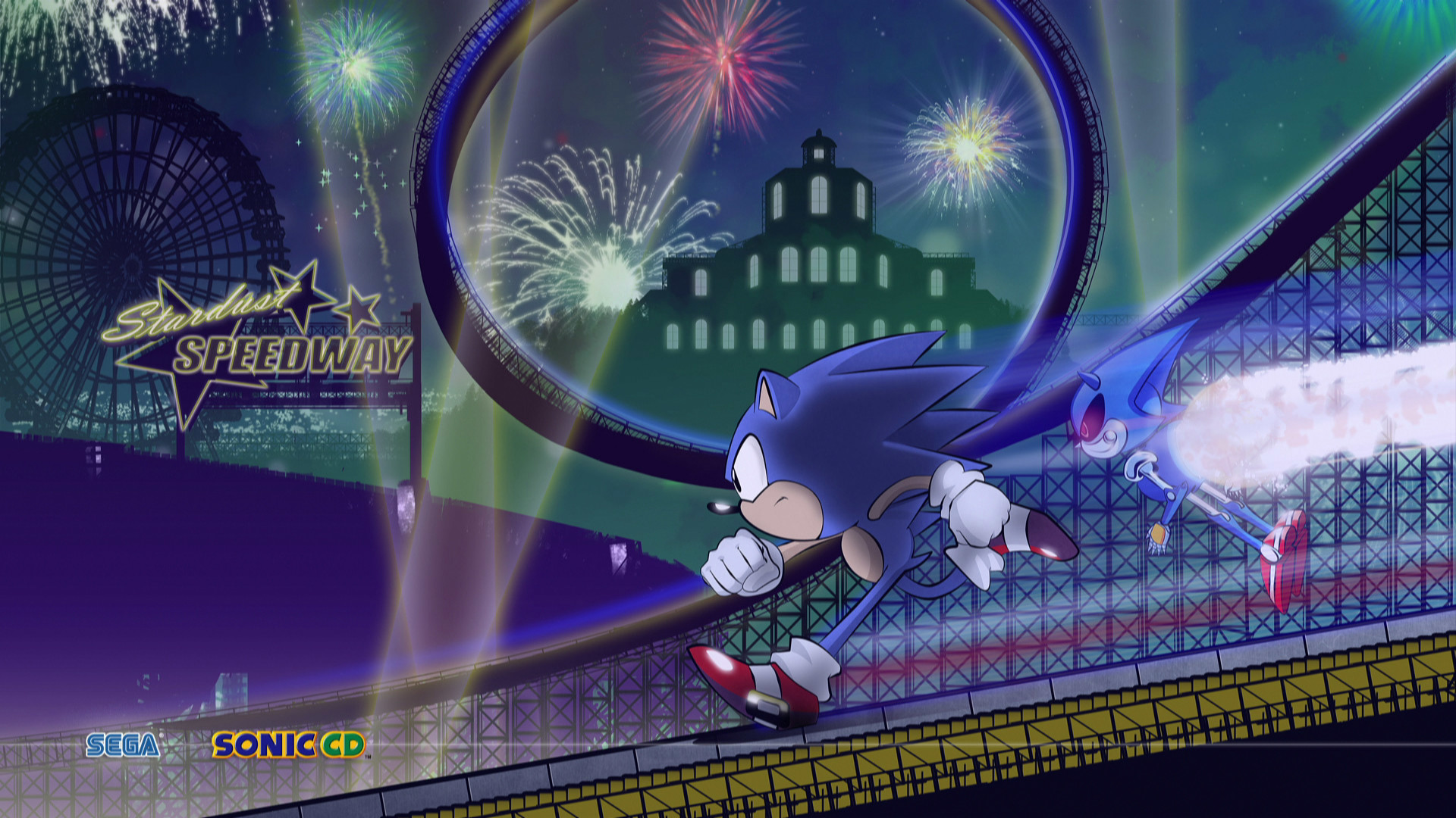 Sonic the Hedgehog, Sonic CD, Stardust Speedway, SEGA, Fuochi d'artificio, sfondo desktop 1920x1080