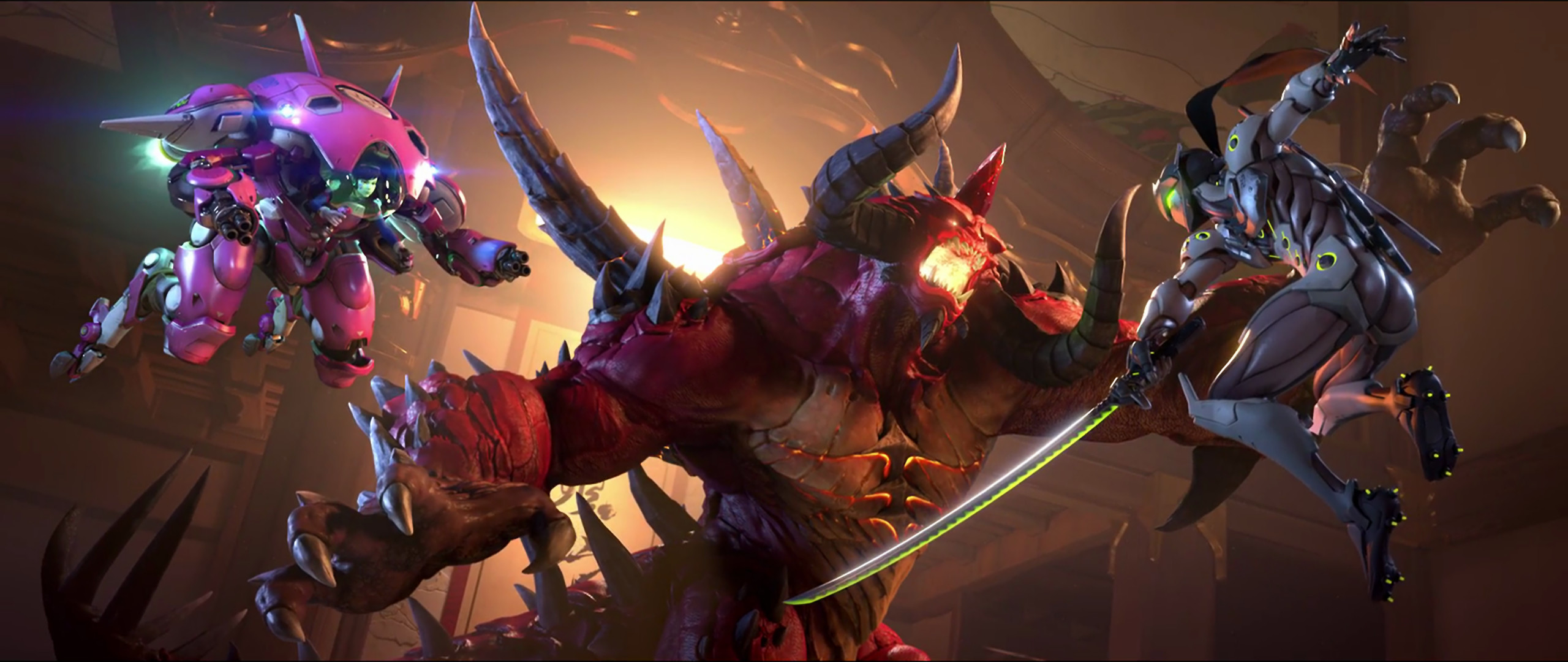 Heroes of the Storm, D.Va, Diablo, Genji, Battaglia, 21:9 1080p, sfondo per monitor ultrawide