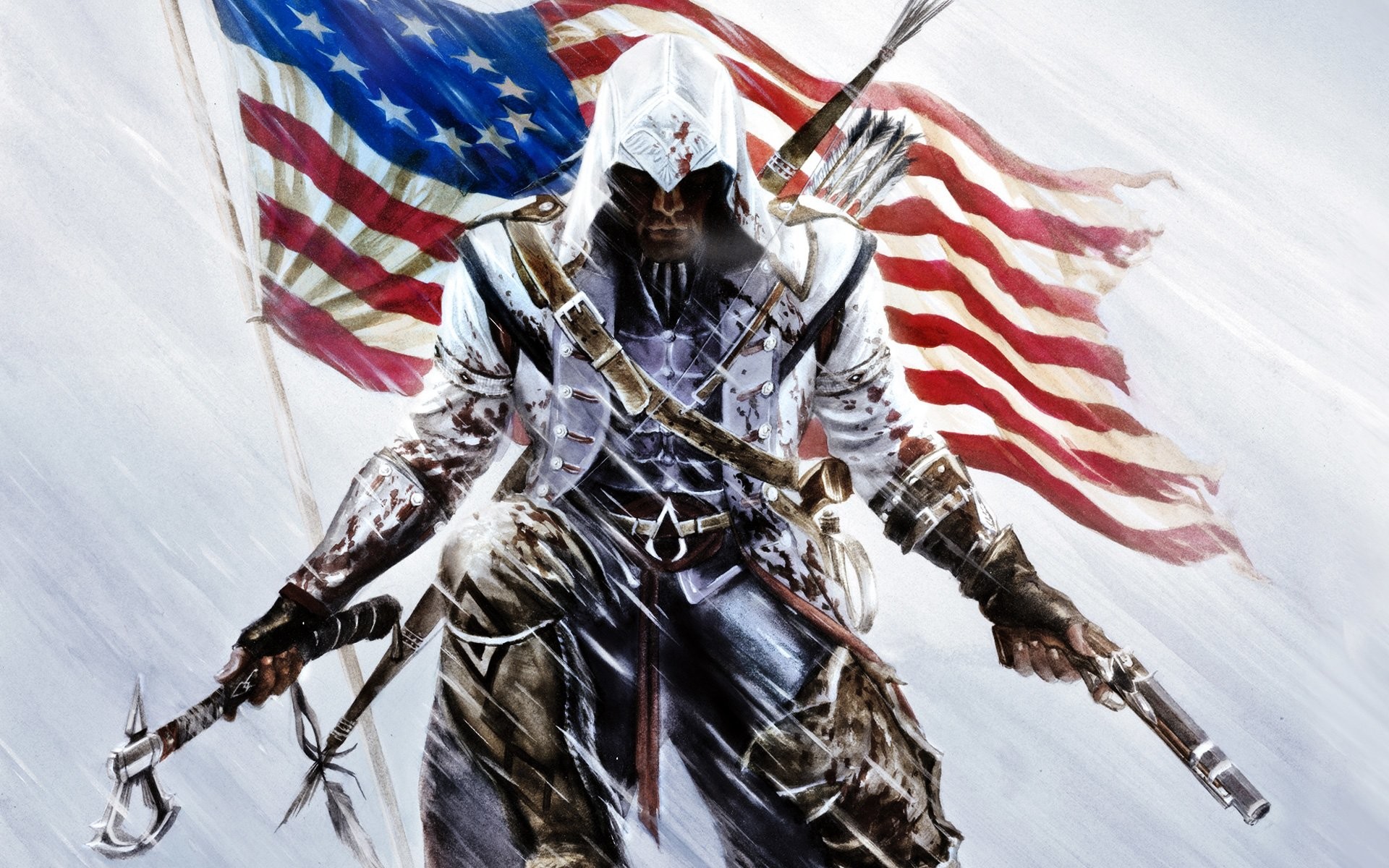 Connor Kenway, Assassin's Creed III, Bandiera americana, Tomahawk, sfondo 16:10 Full HD