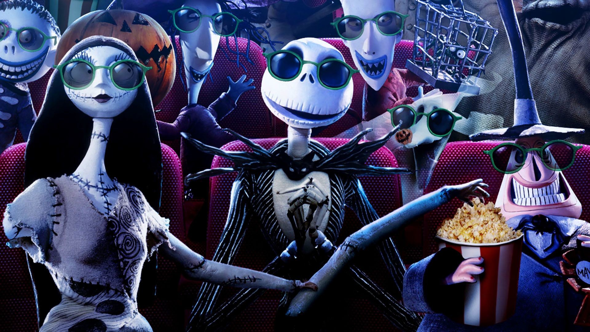 Jack Skeletron, Sally, Nightmare Before Christmas, Cinema 3D, Popcorn, sfondo Full HD per portatile