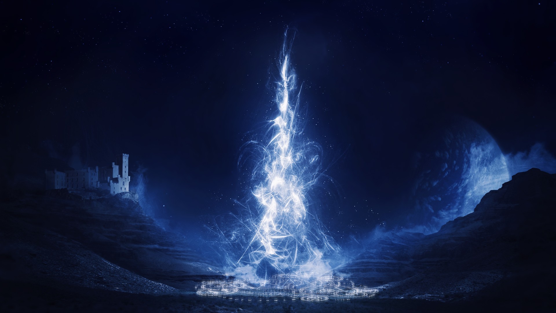 Raggio magico, Fulmine, Città lontana, Notte, Blu, Full HD 1080p, sfondo desktop