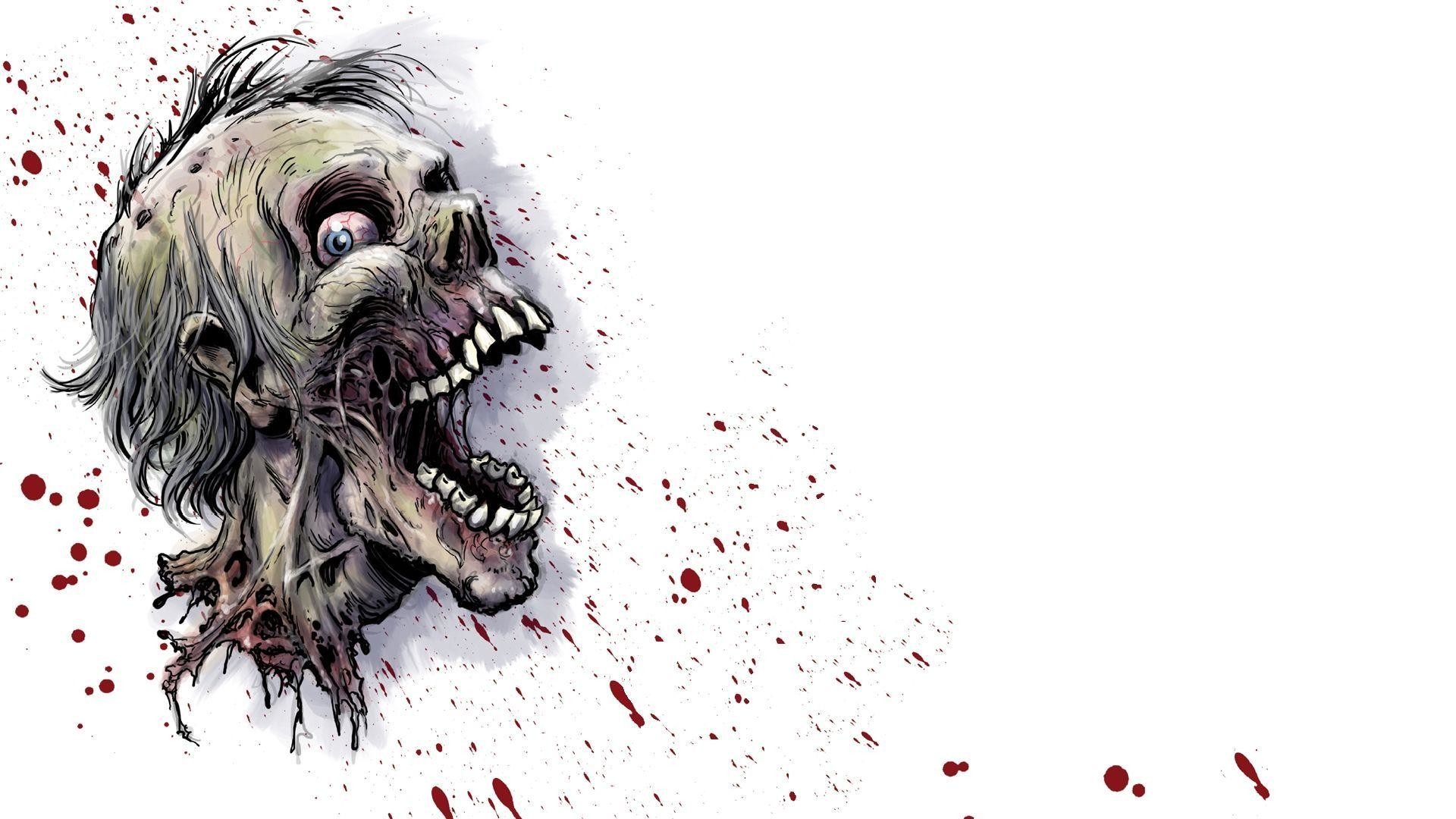 Testa di zombi, Schizzi di sangue, Illustrazione, Sfondo bianco, Horror, wallpaper desktop Full HD