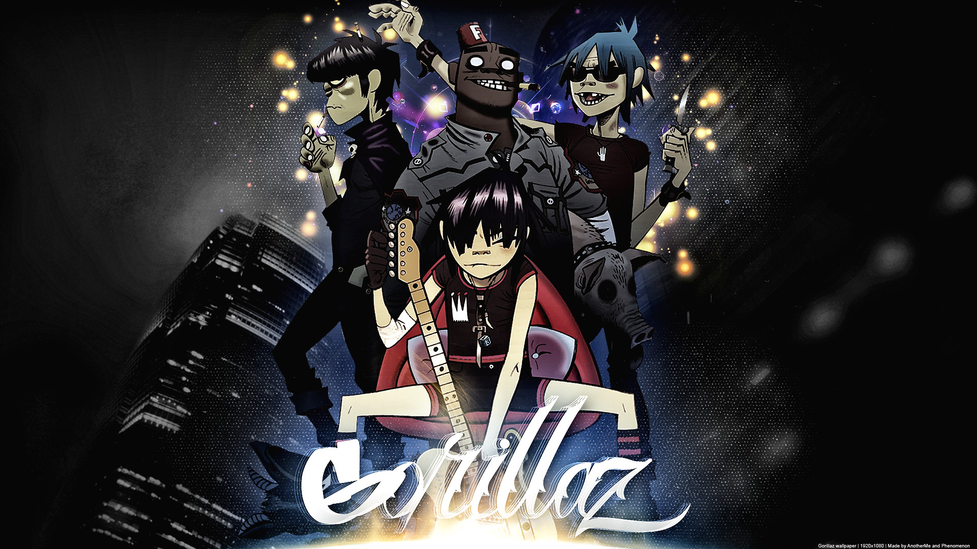 Gorillaz, Logo, Band, Grattacieli, Notte, Full HD, sfondo per portatile