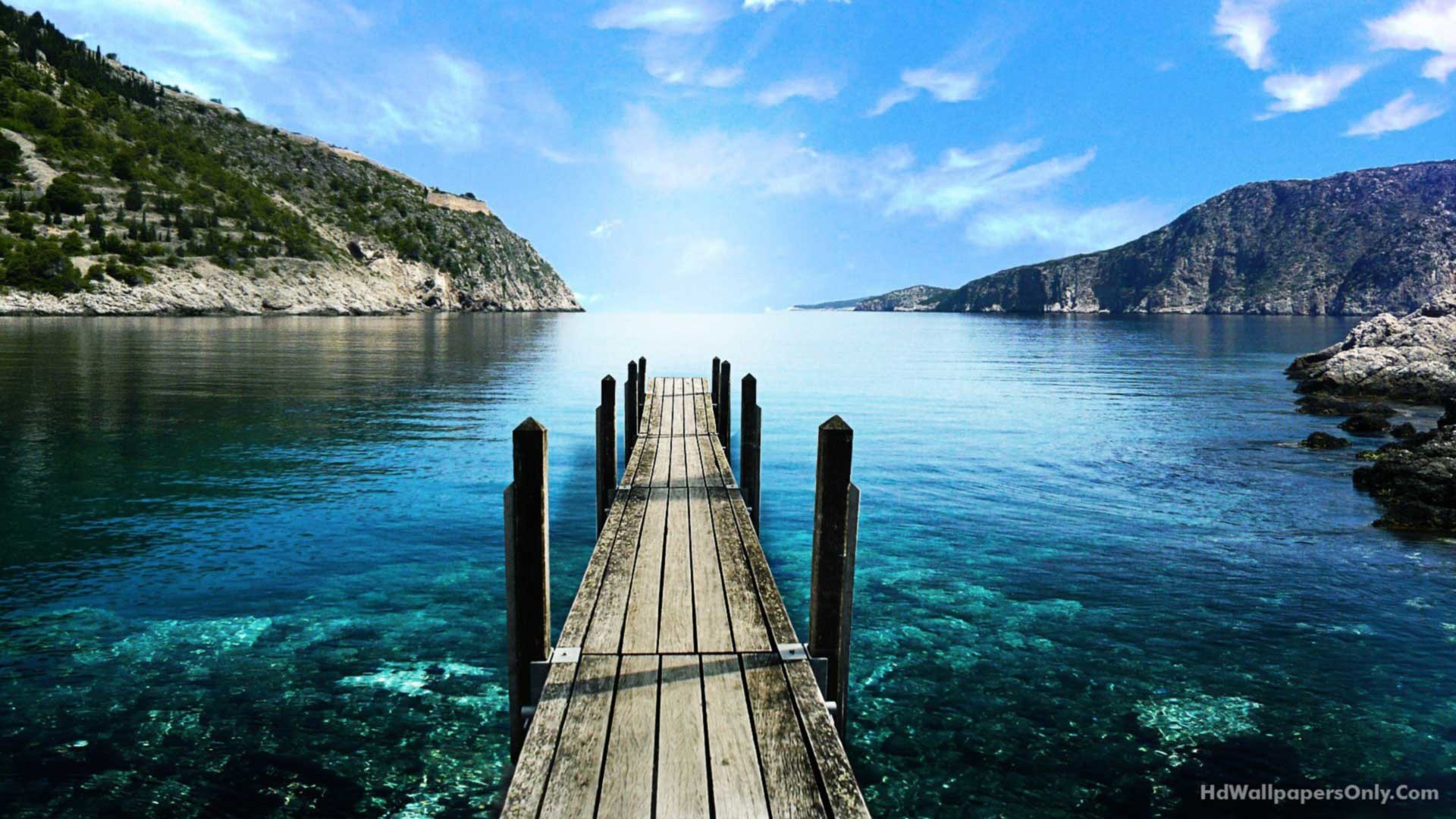 Pontile in legno, Mare, Baia, Acqua cristallina, Cielo azzurro, Full HD, sfondo desktop
