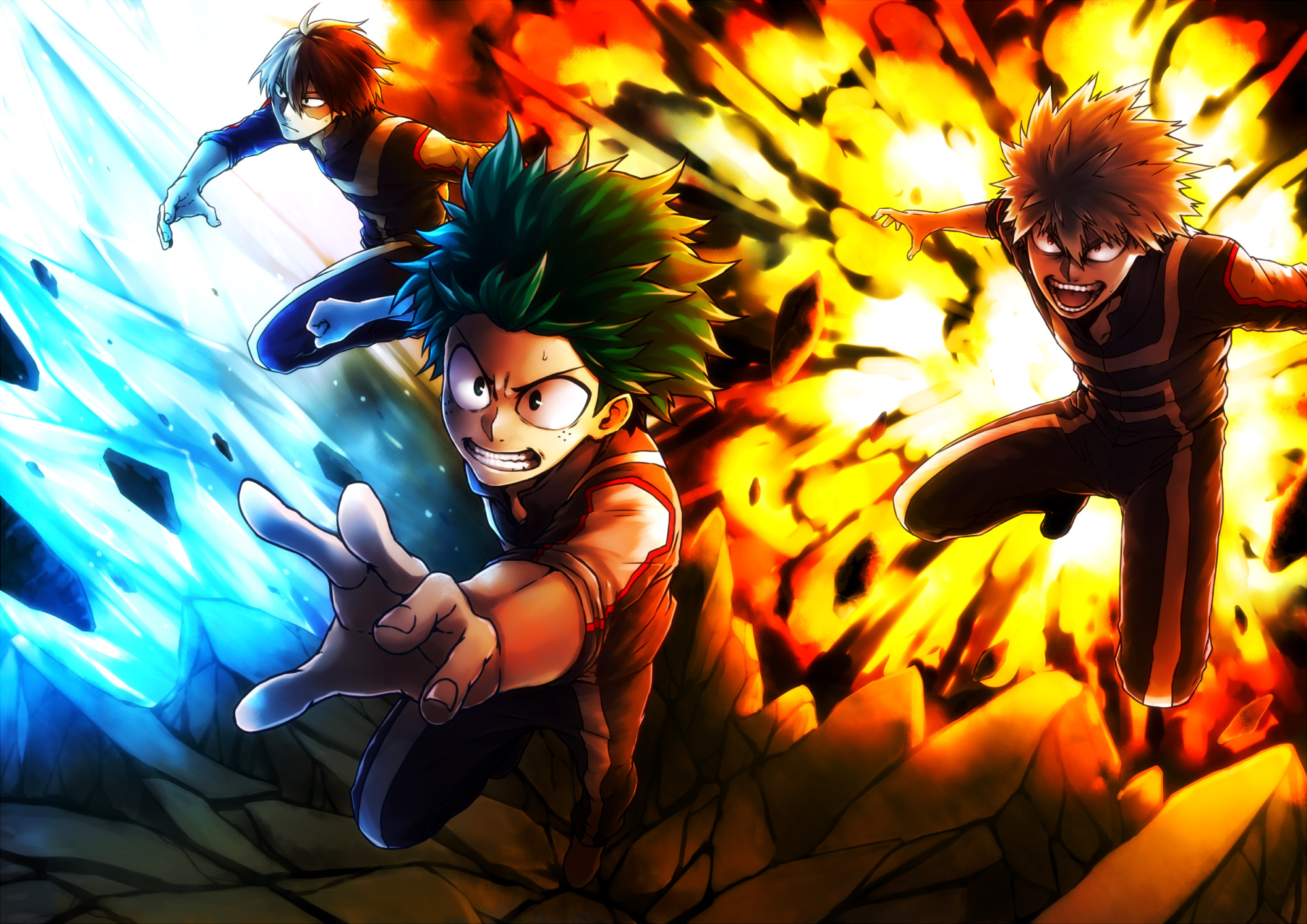 Izuku Midoriya, Katsuki Bakugo, Shoto Todoroki, My Hero Academia, Fuoco e ghiaccio, sfondo per PC