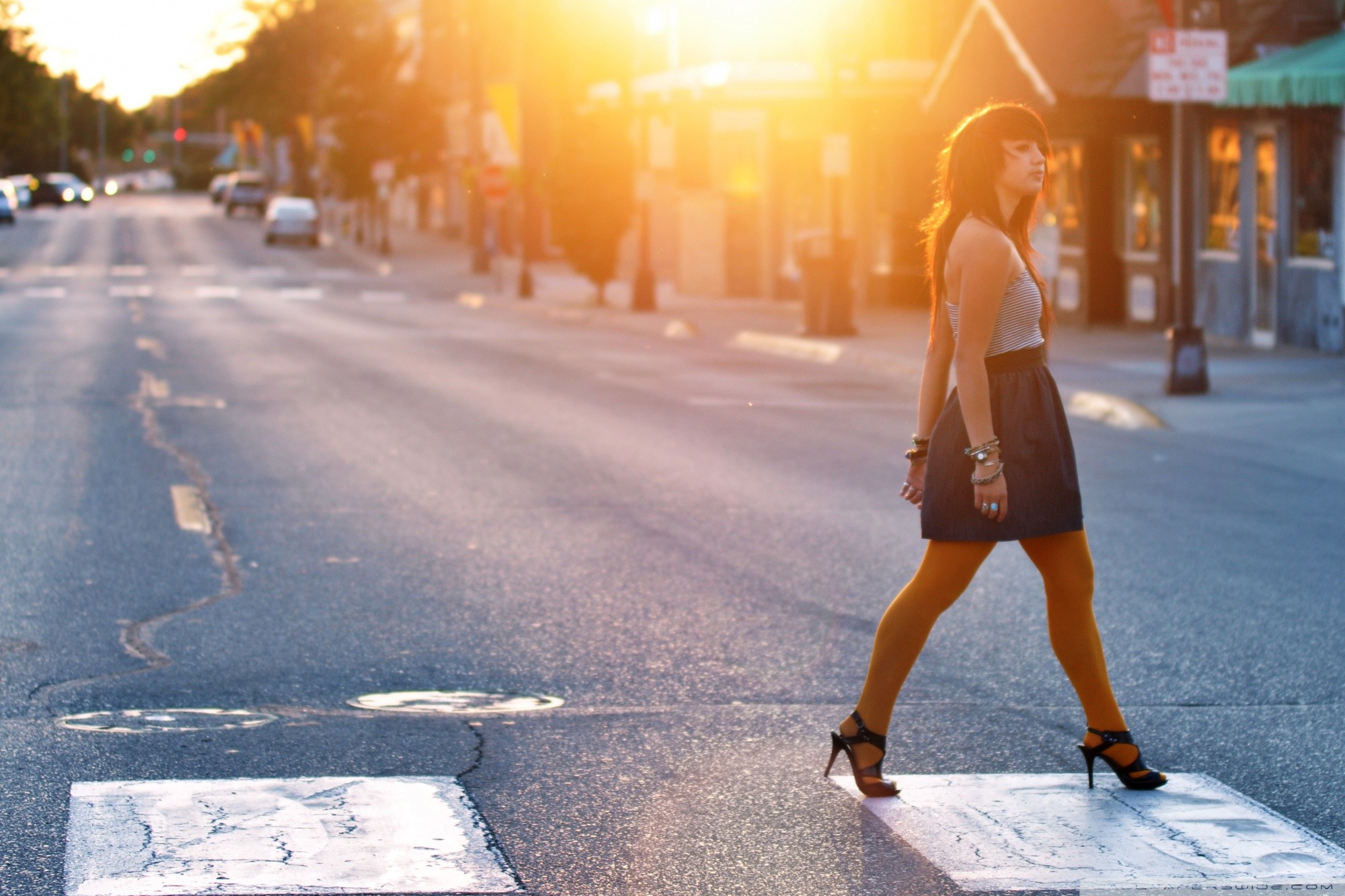 Donna, Strisce pedonali, Strada, Tramonto, Full HD, sfondo per portatile