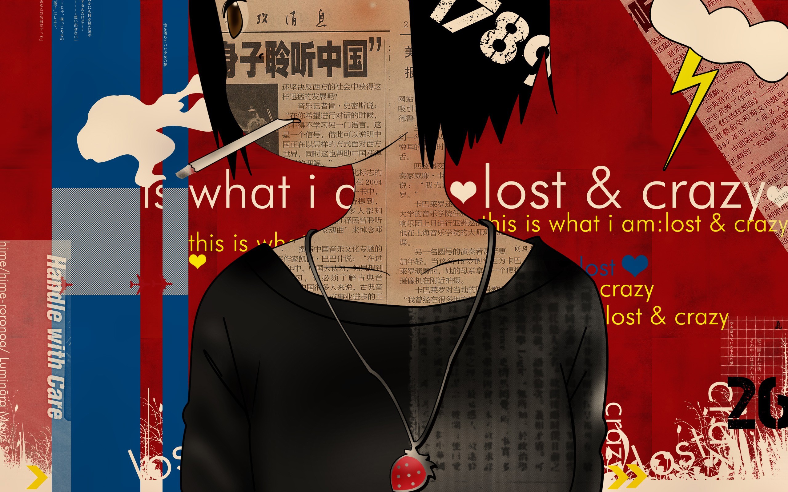 Lost & Crazy, Ragazza anime, Collage, Rosso, 2K, sfondo per PC e portatile