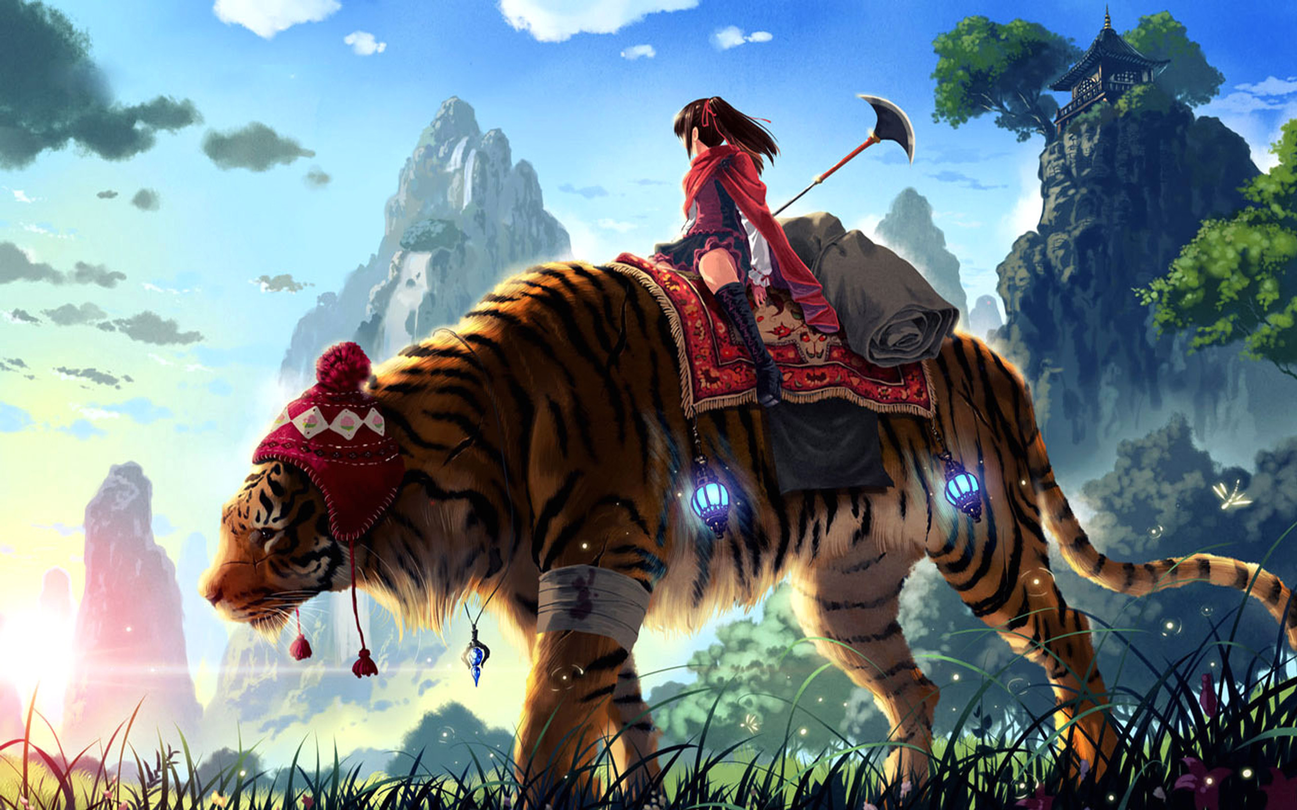 Ragazza anime, Tigre, Montagne, Fantasy, 2K, sfondo per PC