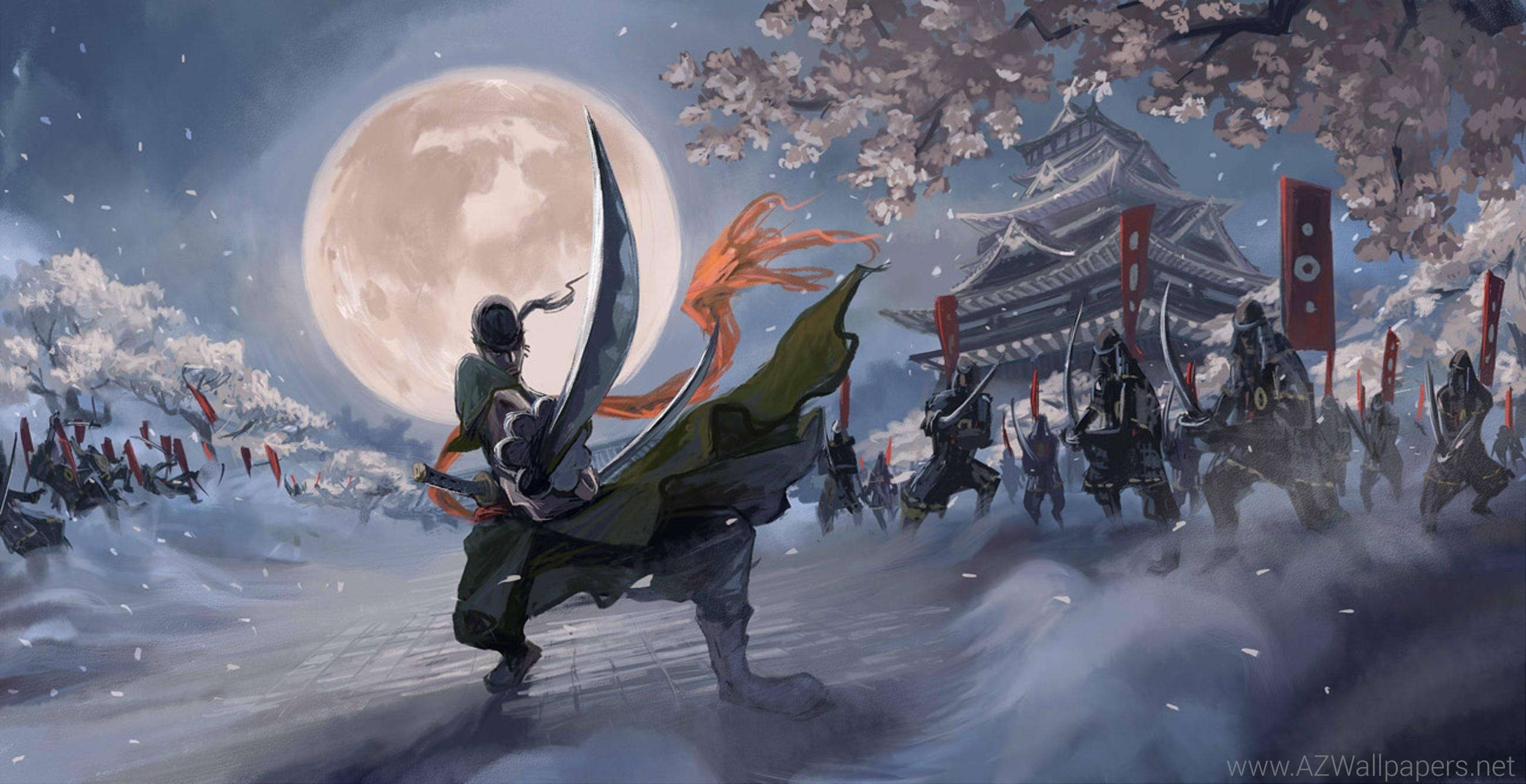 Roronoa Zoro, One Piece, Wano, Samurai, Luna piena, Neve, 2K, sfondo desktop