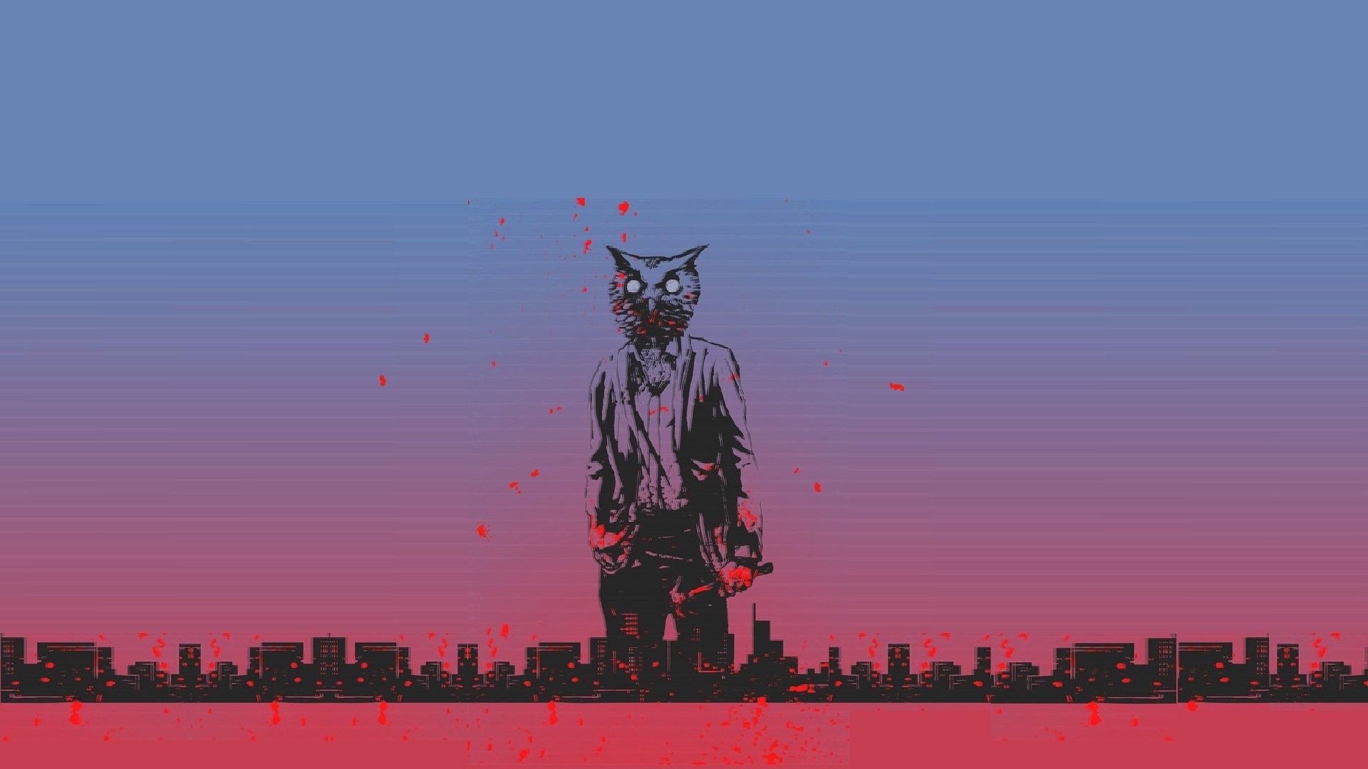 Hotline Miami, Maschera, Skyline, Sangue, Minimalista, 1920x1080, immagine di sfondo